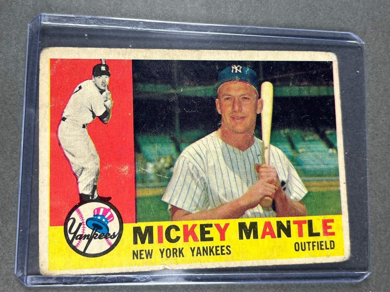 Mickey Mantle, New York Yankees, 1960 Topps, soft corners and crease, fair: card 350. Burns in-house shipping is available. Pick up is Thursday, Dec. 4 from Noon to 7 pm at our gallery in Lancaster, Ohio 43130 or we will provide in-house shipping for this item. We will charge