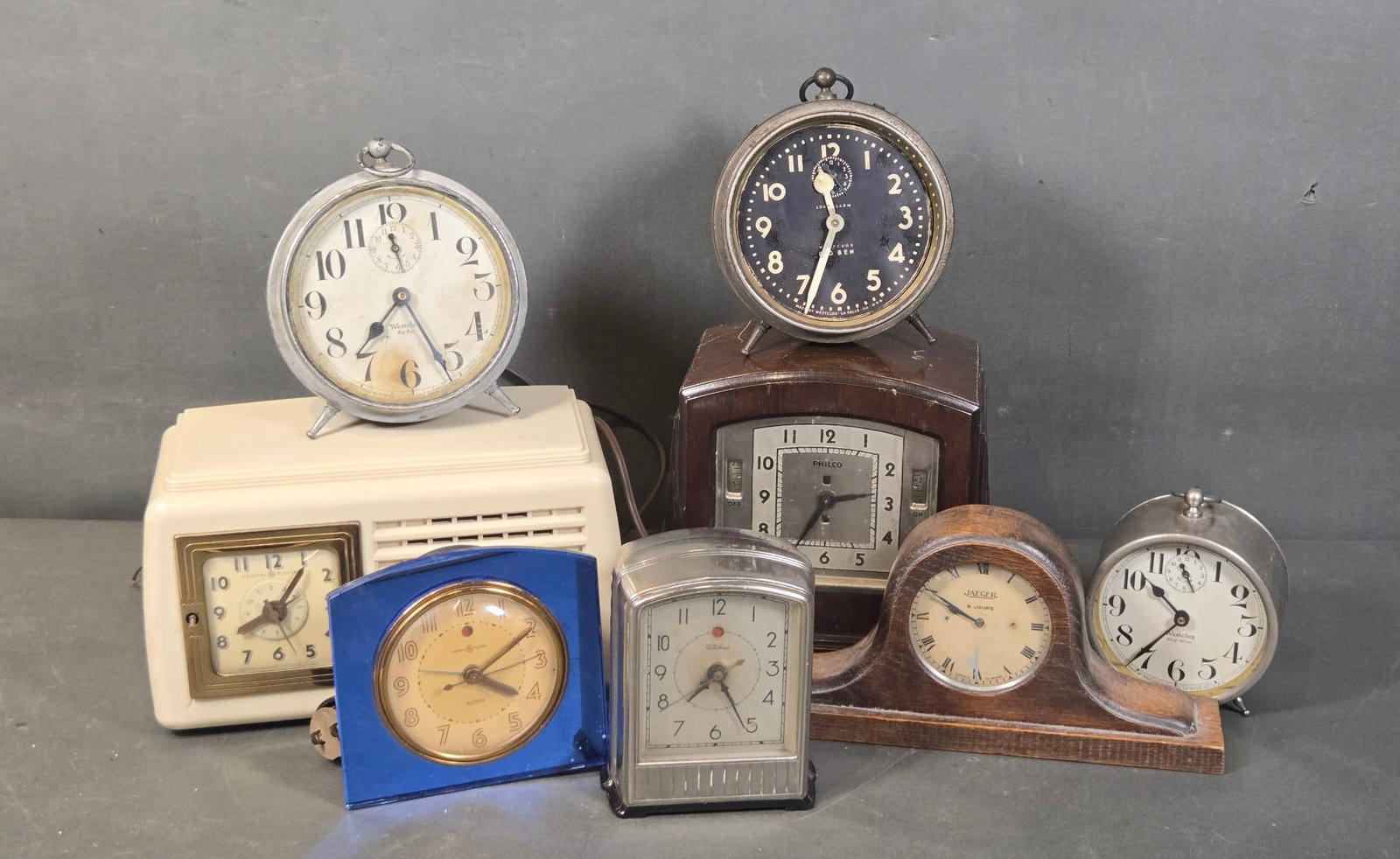 A Collection of Eight Vintage Clocks and a Clock Radio, including Art Deco General Electric, (1 of 20)