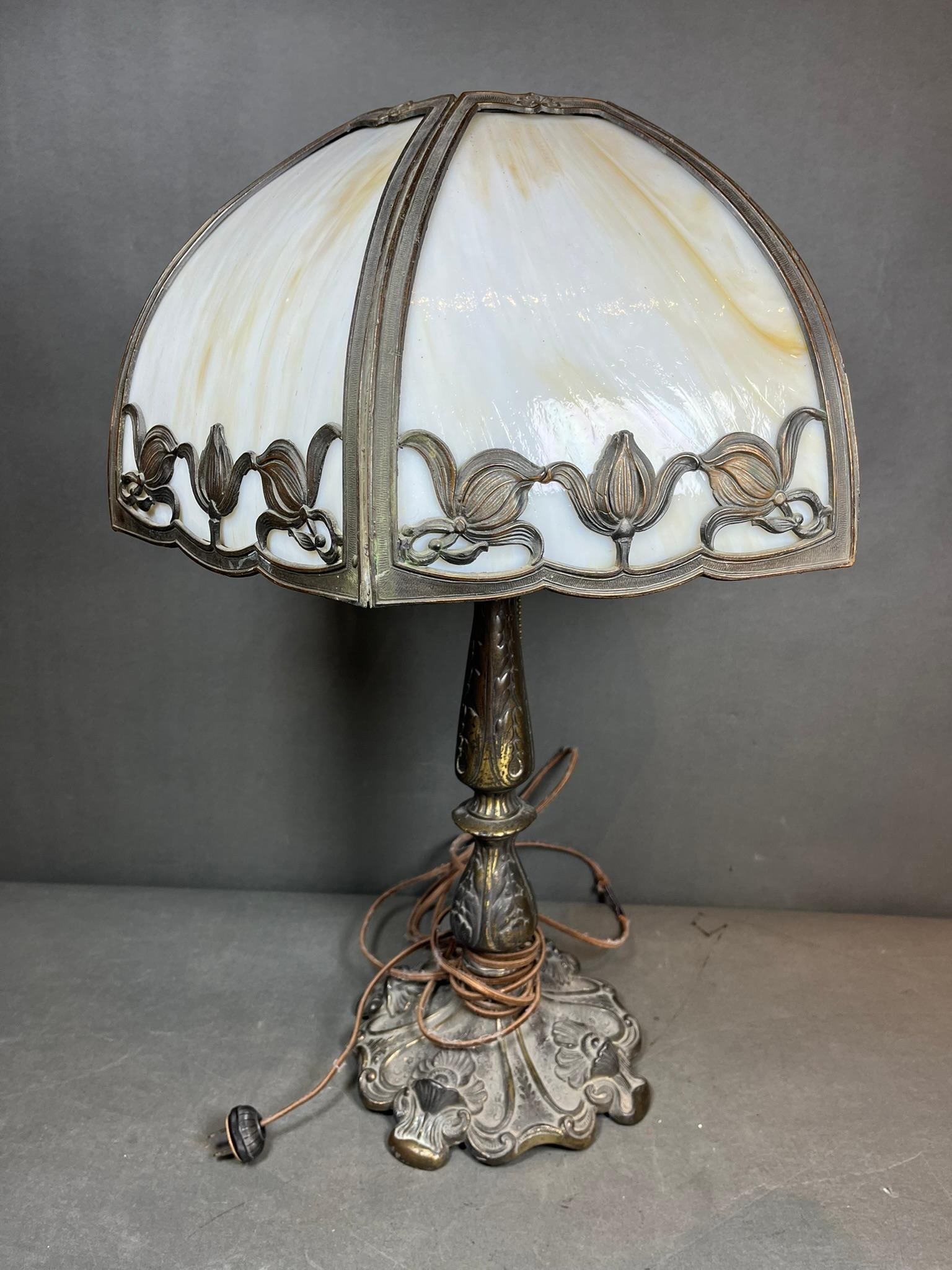Antique Art Nouveau Slag Glass and Cast Metal Table Lamp (1 of 19)