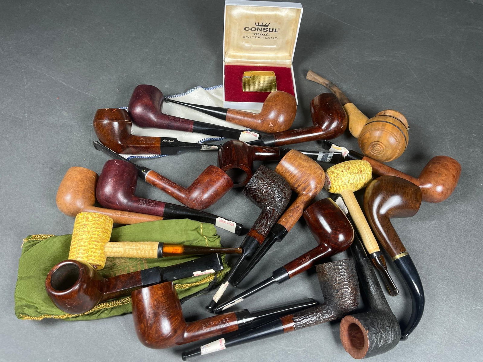 A Collection of Briar and Corn Cob Smoking Pipes, with a Consul Mini Lighter (1 of 20)