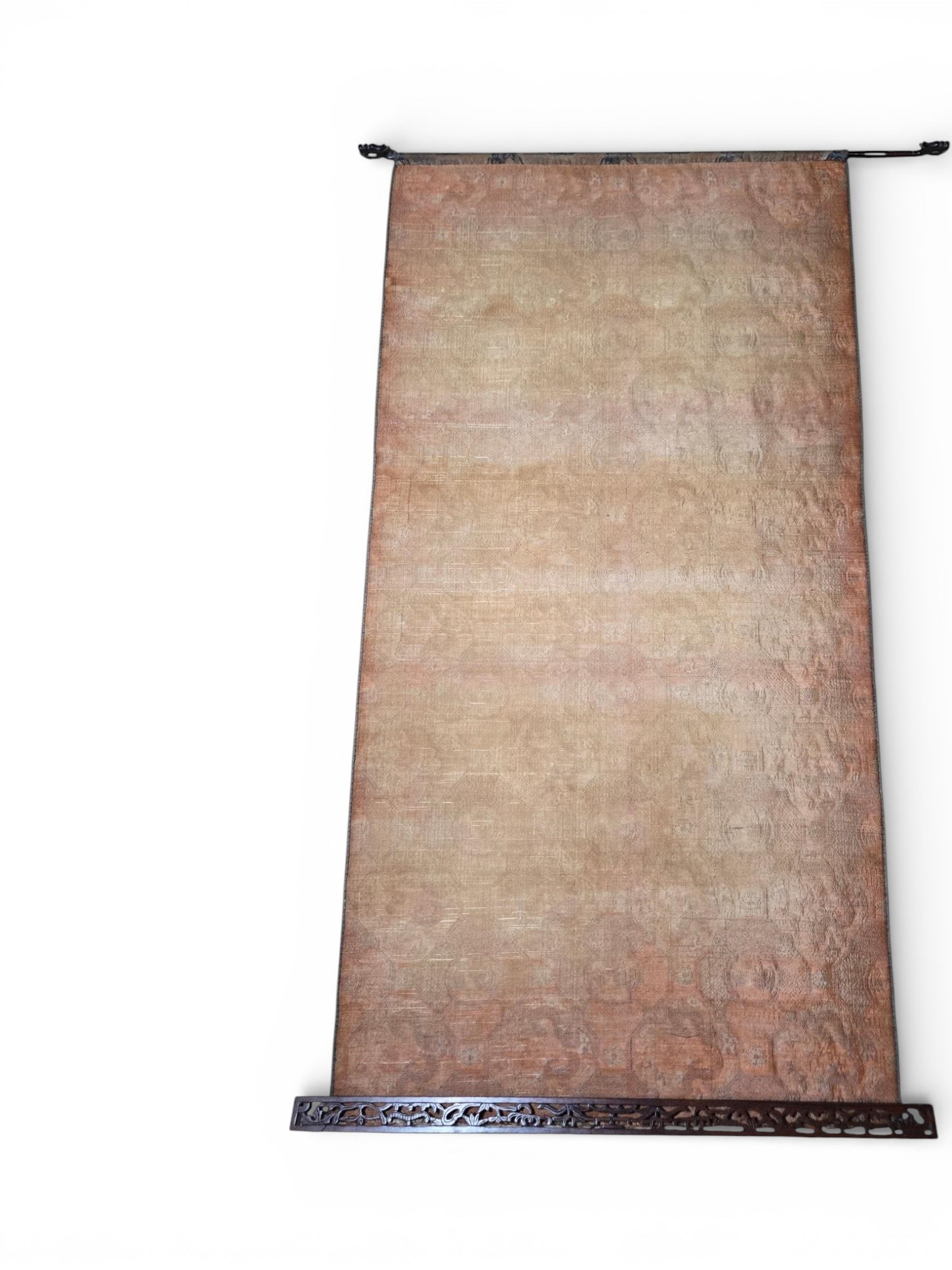 East Asian Style Silk Blend Textile Hanging with Carved Wooden Mounts: A large, vertically oriented textile hanging, resembling a scroll or tapestry, mounted with ornate dark carved wooden bars at both the top and bottom, featuring metal hanging loops at the top. The