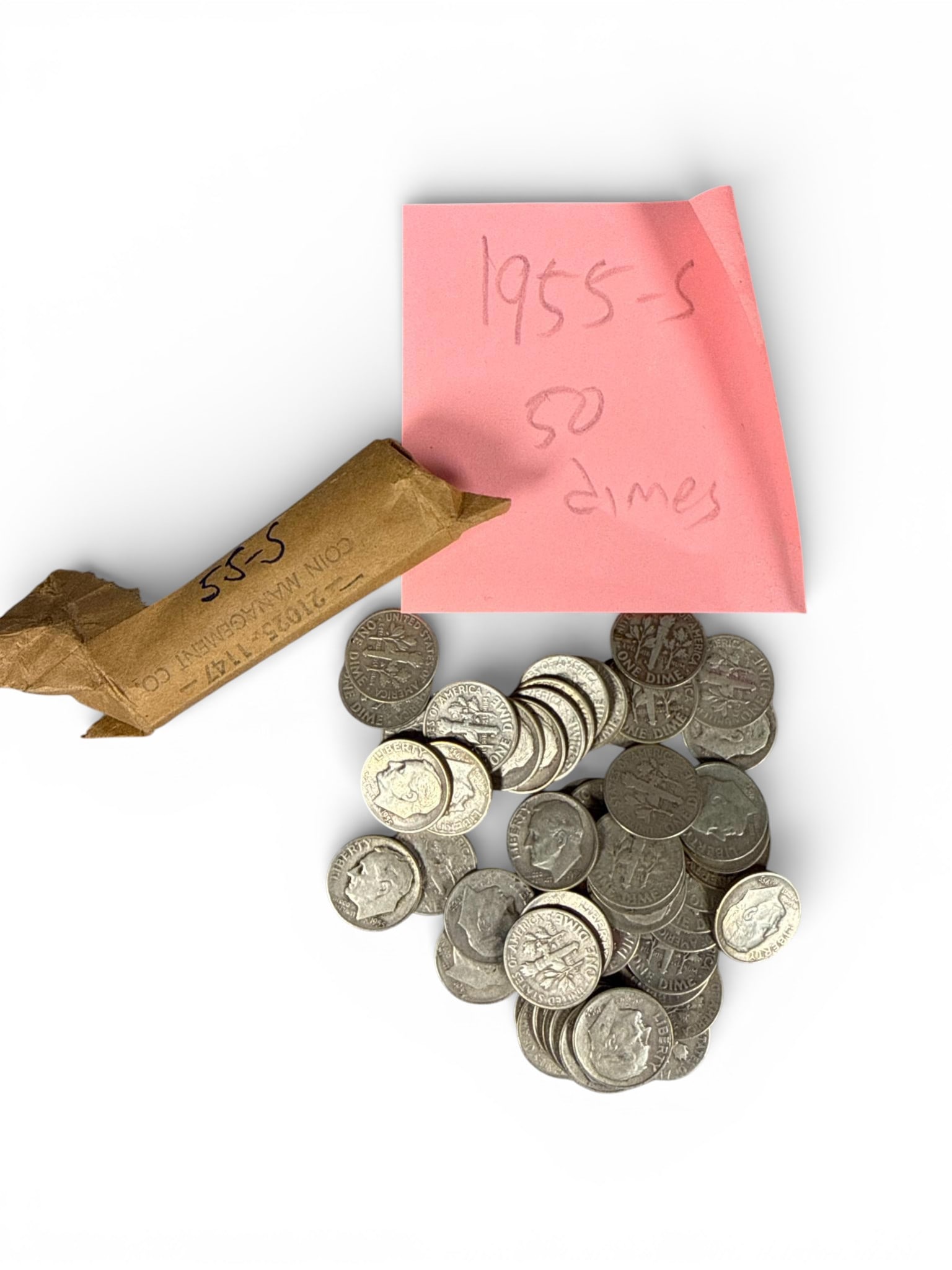 A group of 50 1955-S US 90% Silver Roosevelt Dimes with Original Wrapper (1 of 8)