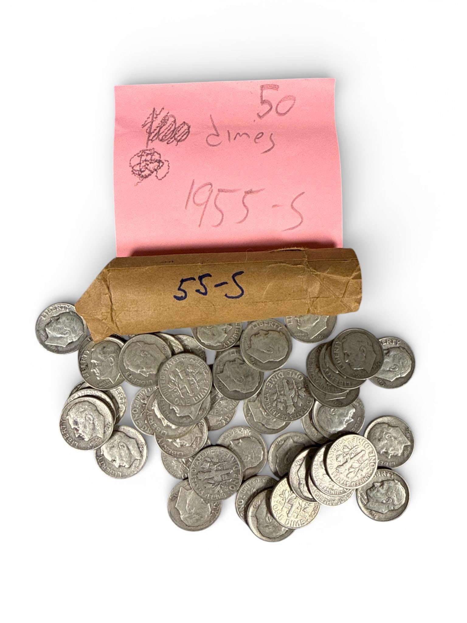 A group of 50 Circulated 90% Silver Roosevelt Dimes, 1955 Issue (1 of 9)