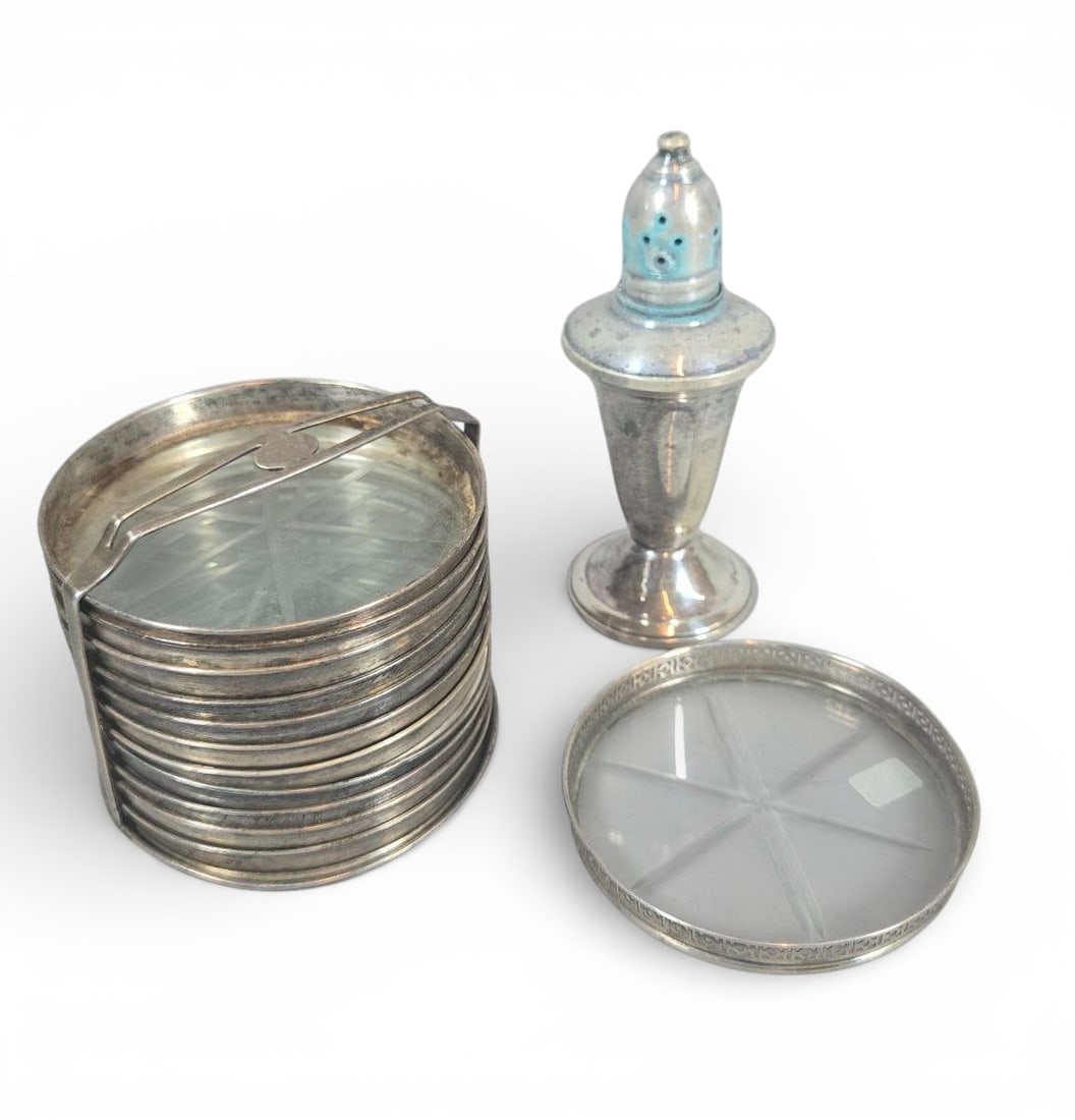 A group of Sterling Silver and Glass Coasters with Mexican Sterling Shaker (1 of 11)