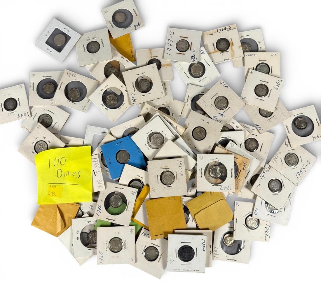 Large Lot of 100 US Silver Dimes (1 of 15)