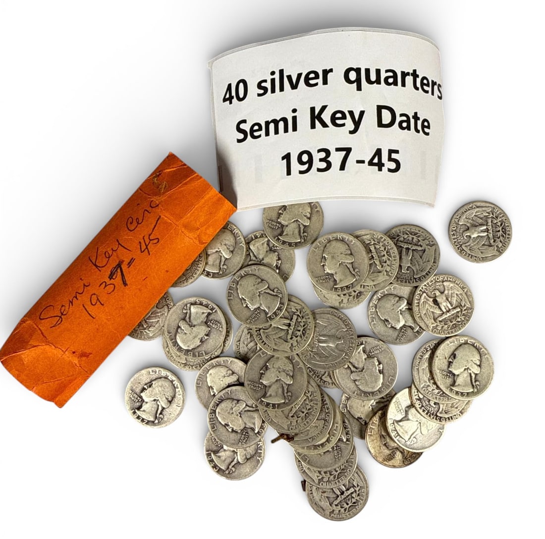 A Collection of 40 Circulated 90% Silver Washington Quarters: The lot consists of individually visible US Washington Quarters, minted prior to 1965, composed of 90% silver. The coins are scattered outside of accompanying paper coin wrappers. Visible dates among