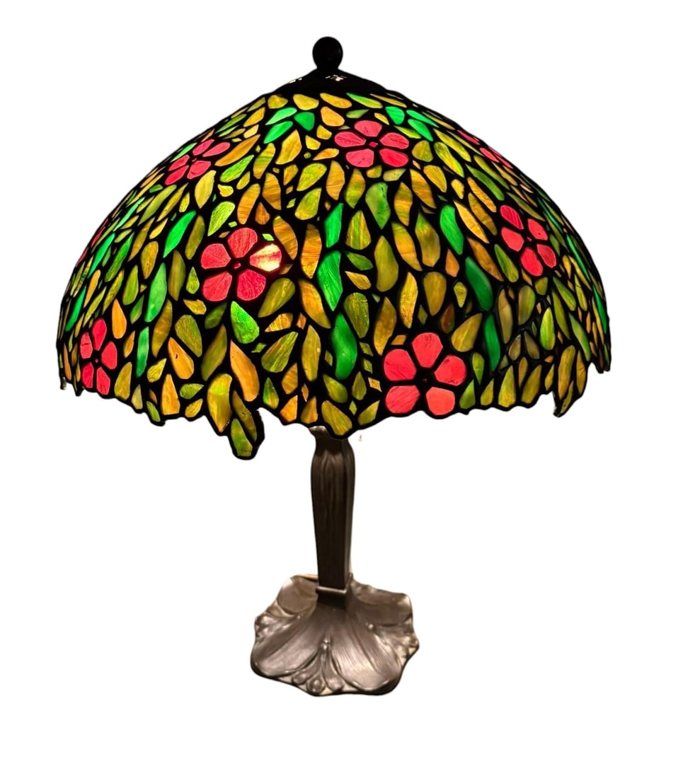 Early 20th c. Stained Glass Lamp Shade Copper Foil Construction Nice: Lovely early 20th century stained glass lamp. Early shade on a newer base. Wonderful colors and copper foil construciton. No marks visibile. Total height 23". Shade is 18.5" across, and shade only is