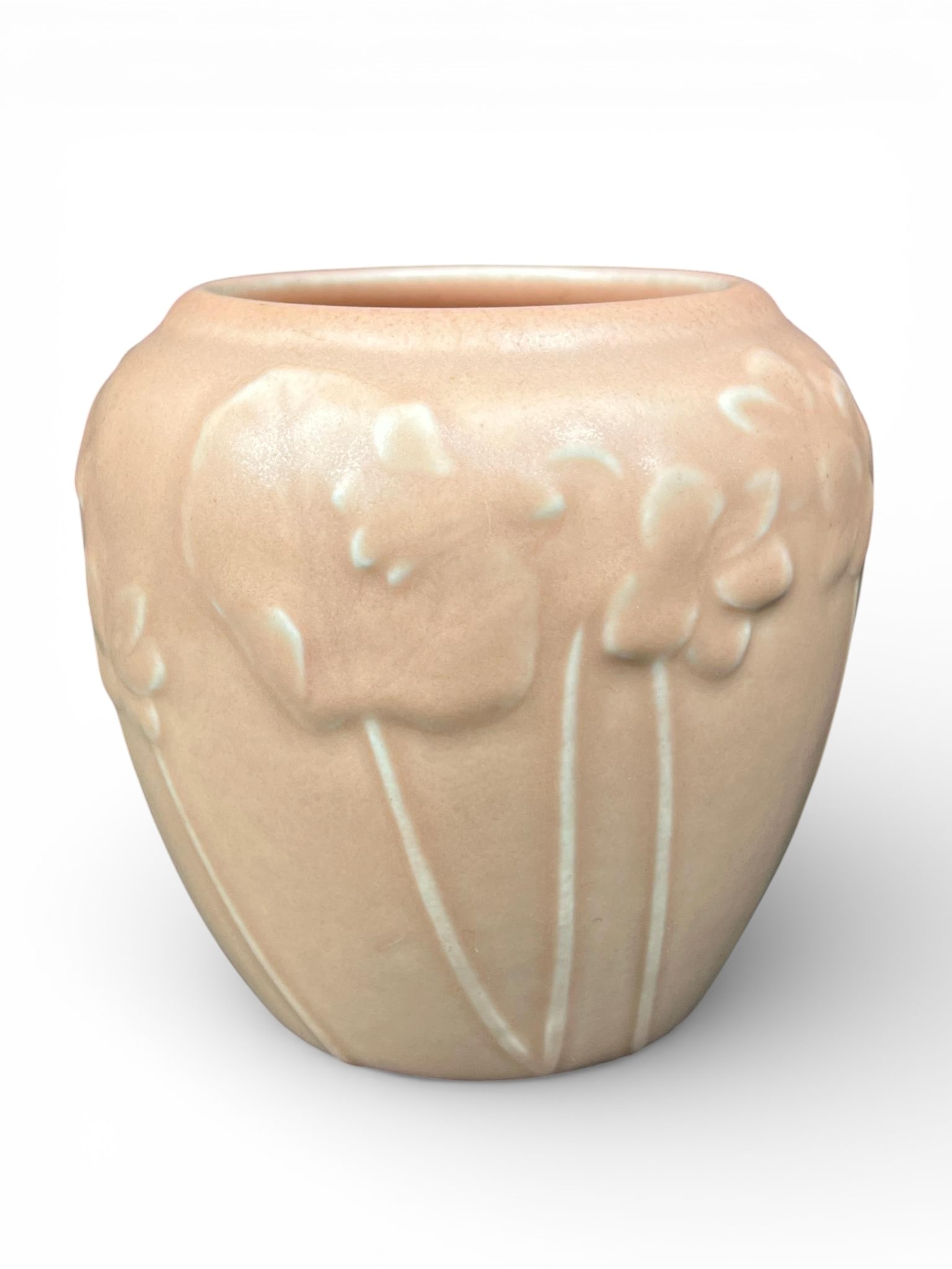 Rookwood Pottery Vase, Shape 6432, Dated 1932: A single ceramic vase attributed to Rookwood Pottery, produced in 1932. The vase features a globular body with a wide, slightly constricted neck, finished in a matte, dusty rose (pink) glaze. The exte