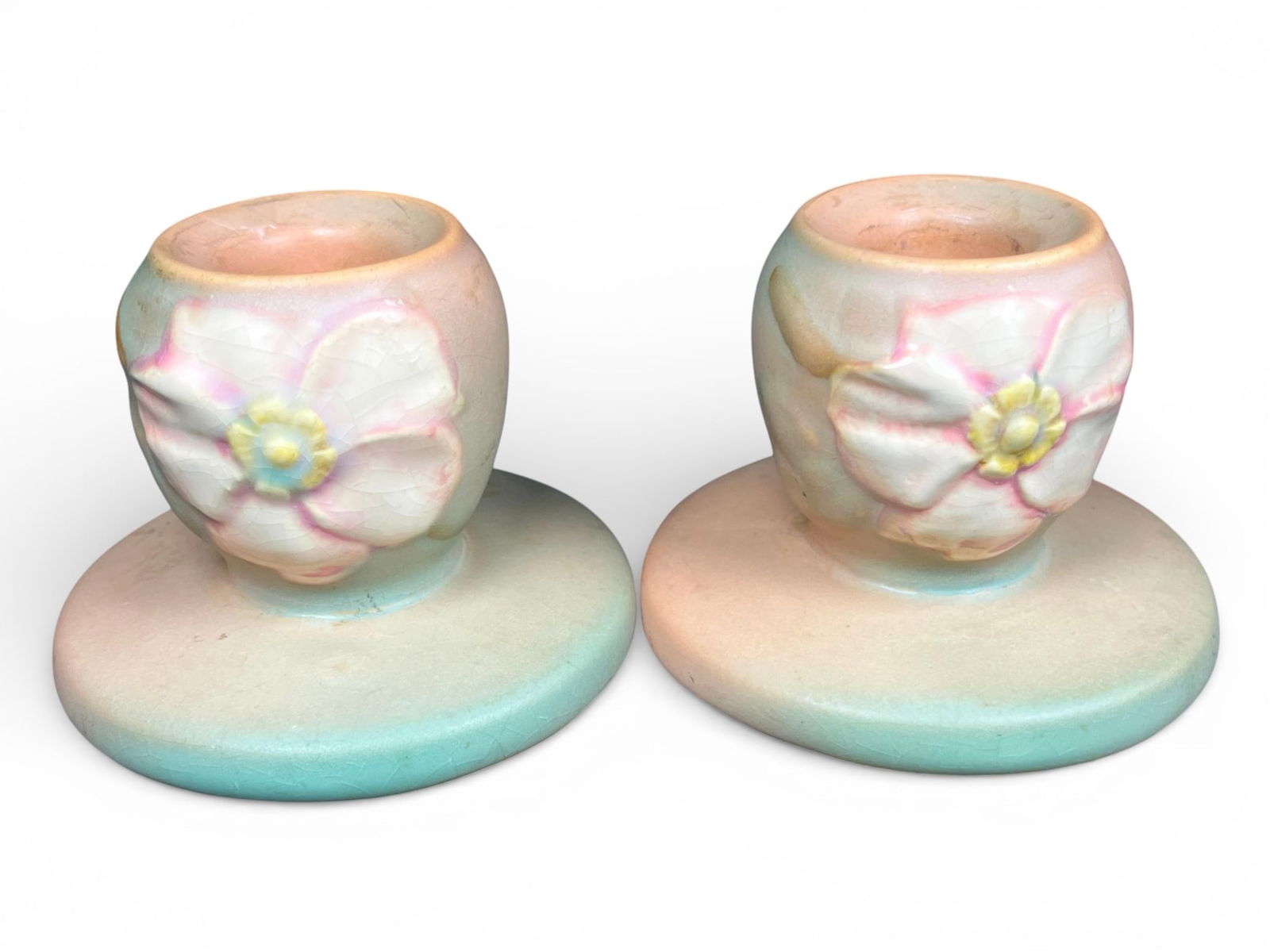 Weller Pottery Wild Rose Candlestick Holders (1 of 9)