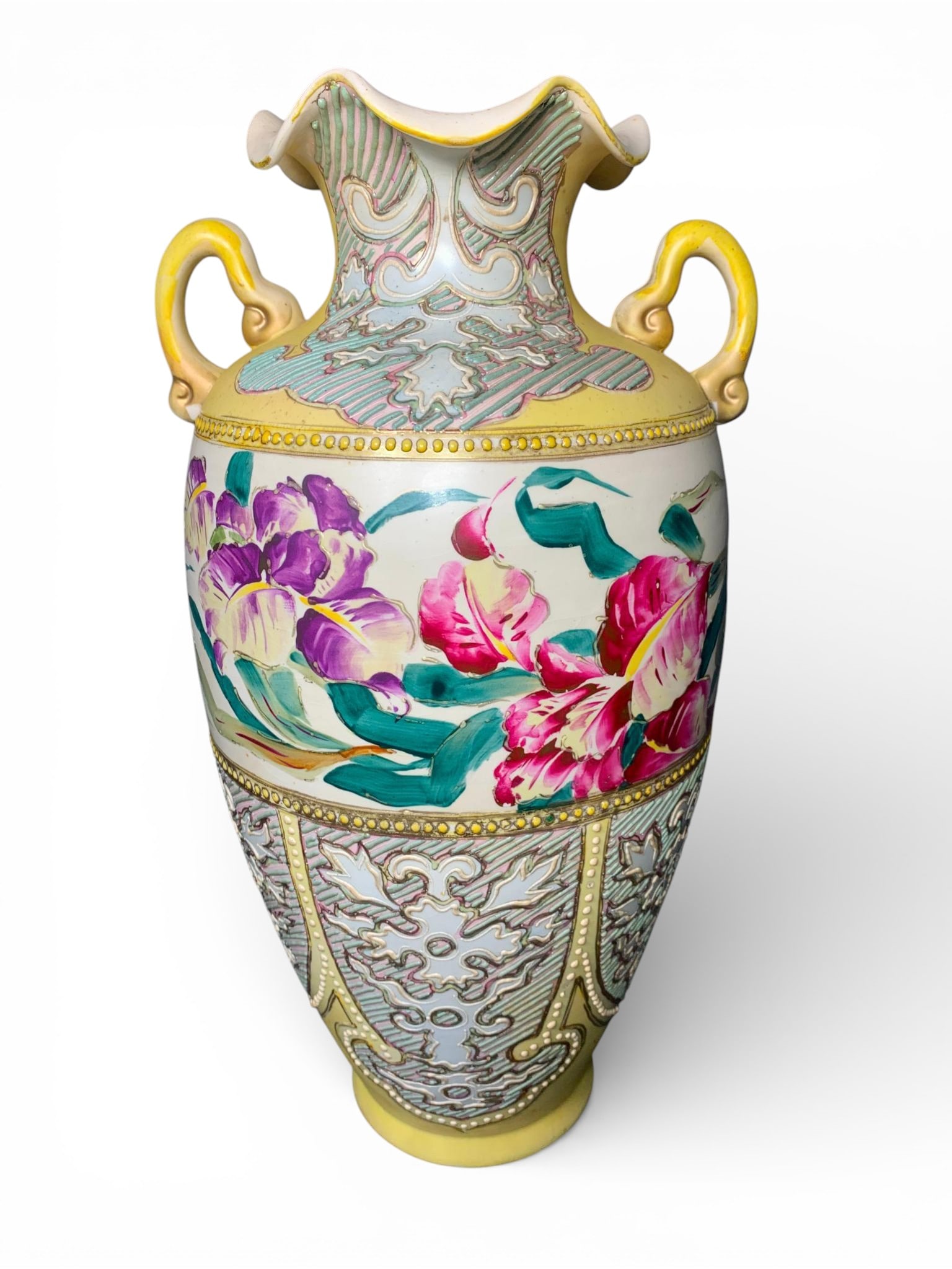 A Hand Painted Nippon Moriage Floral Twin-Handled Amphora Vase: Ceramic amphora-style vase, attributed to the Nippon era (1891-1921) based on the base mark. The vase features an ovoid body, a ruffled rim, and twin loop handles finished in pale yellow glaze. The de