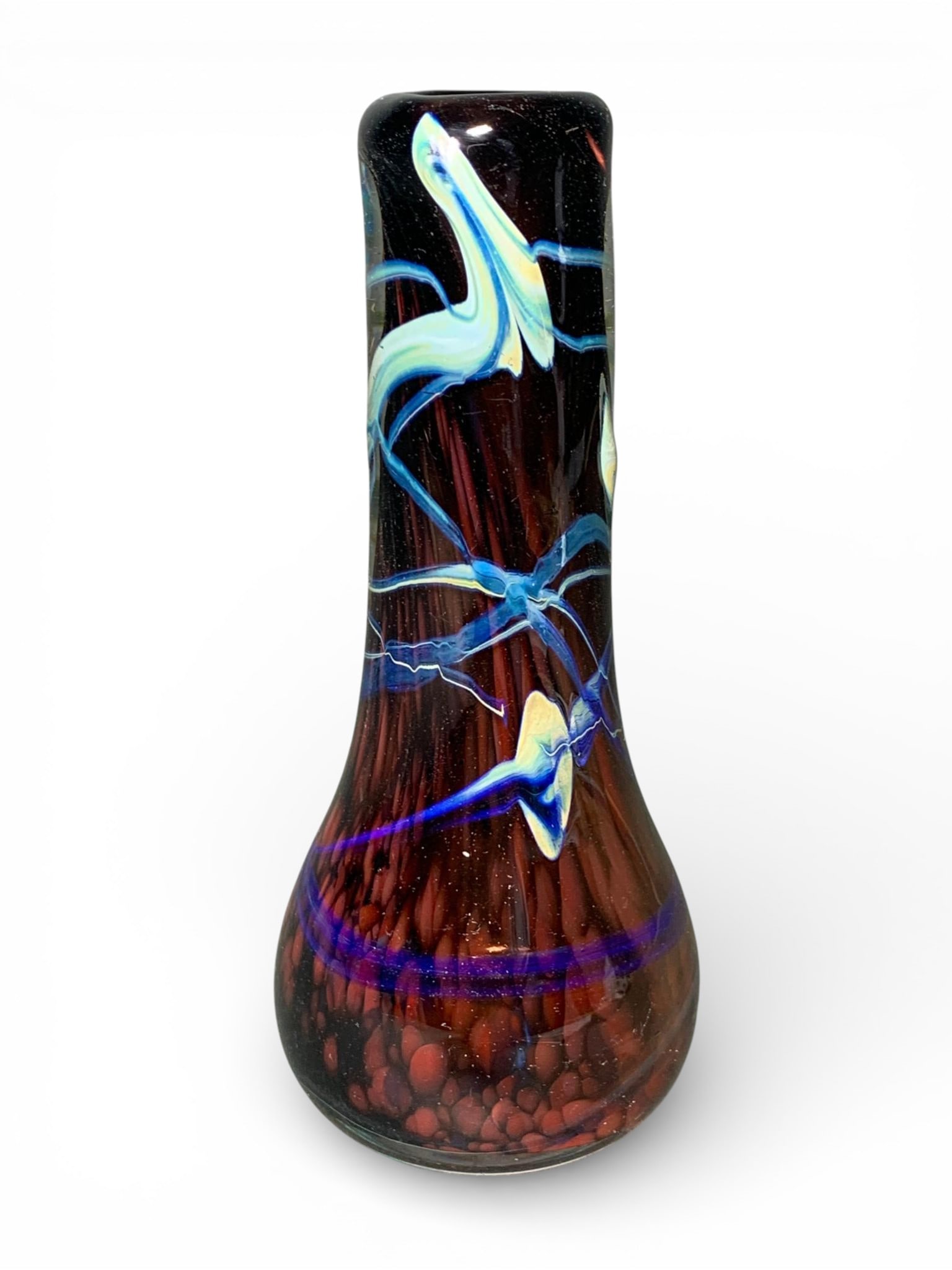 Contemporary Studio Art Glass Vessel in Burgundy with Blue and White Swirl Decoration (1 of 9)