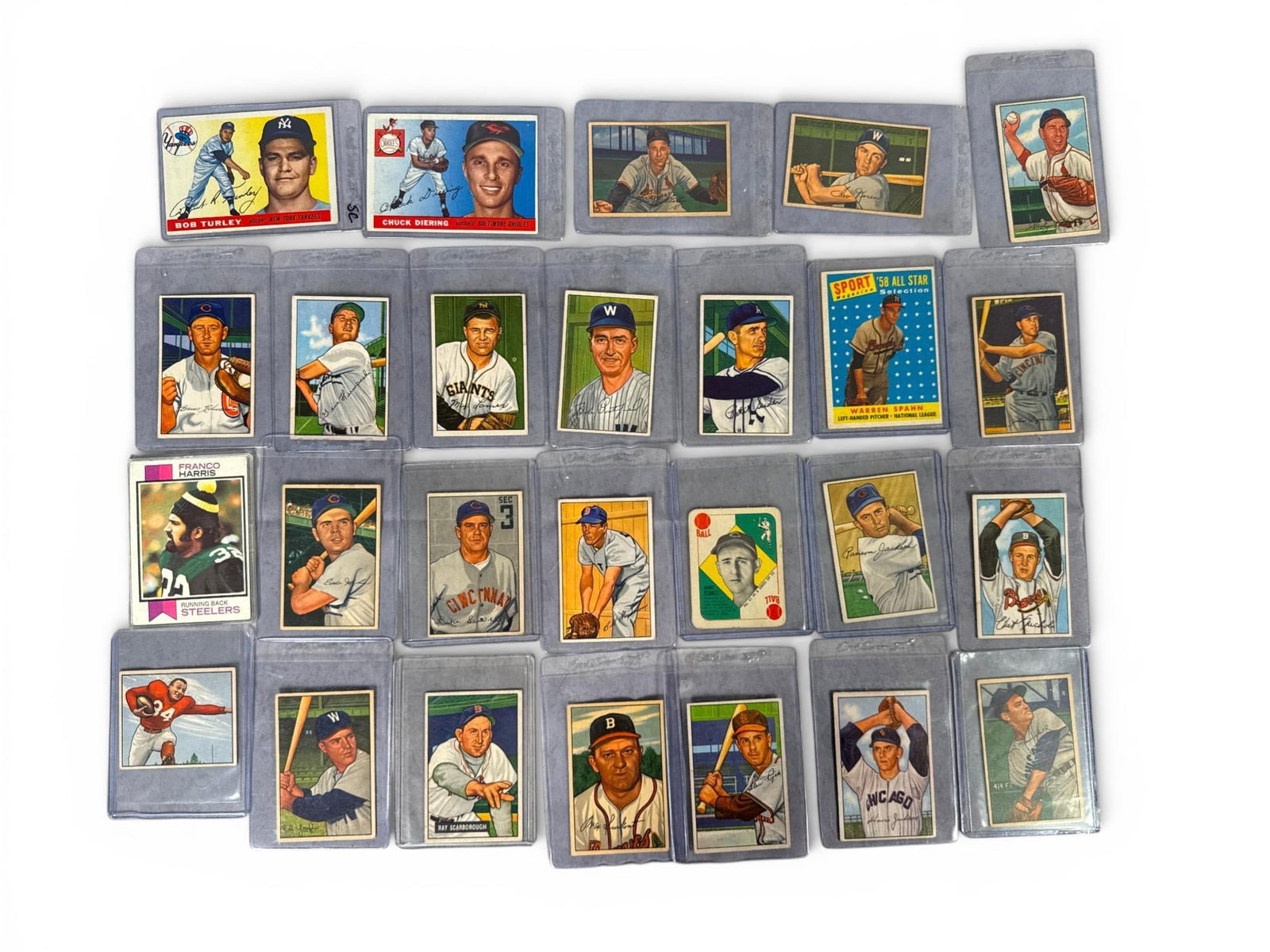 A group of Vintage Sports Trading Cards, Primarily 1952 Bowman Baseball: A group of vintage sports trading cards, predominantly baseball issues from the 1950s era. The majority of the collection consists of cards from the 1952 Series Baseball Picture Cards produced by