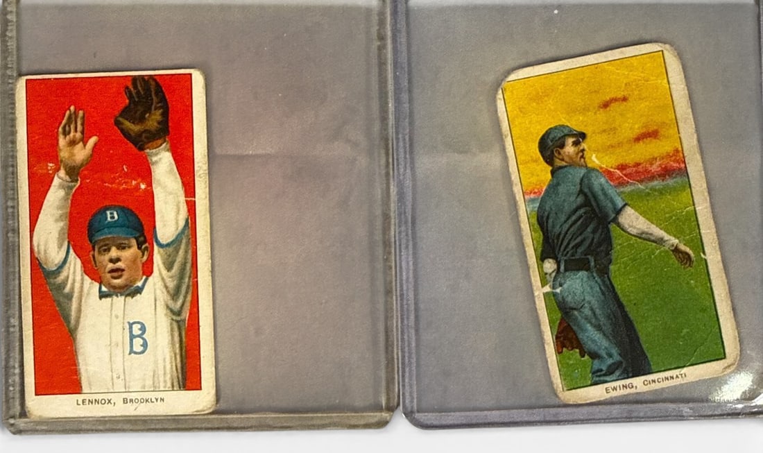 A group of 1909-11 T206 Piedmont Baseball Cards: A group of vintage baseball tobacco cards identified as part of the 1909-1911 American Tobacco Company T206 White Border series. Each card features a colored lithographic depiction of a player on the