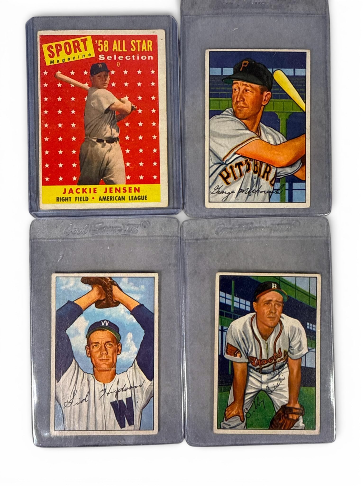 A group of Vintage Baseball Cards featuring 1958 Topps Jackie Jensen All-Star and 1952 Bowman Cards (1 of 9)