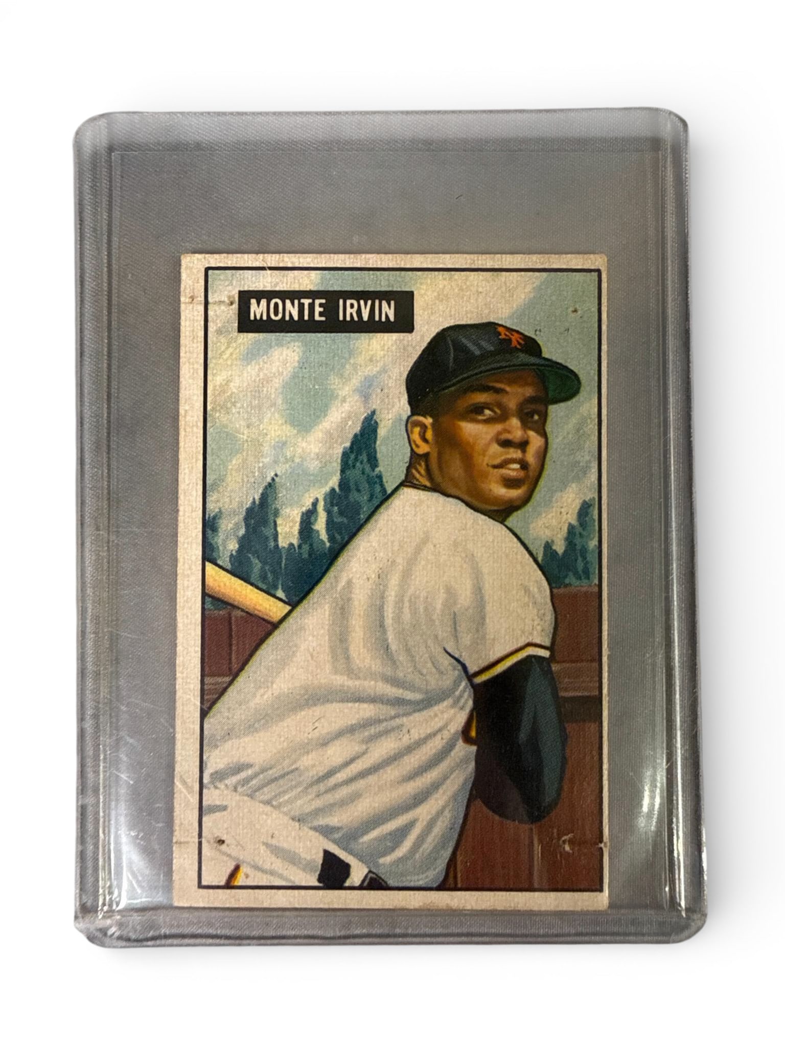 1951 Bowman Baseball Card No. 198 Monte Irvin New York Giants: A single vintage baseball trading card, No. 198 from the 1951 Bowman Gum series, depicting Hall of Famer Monte Irvin of the New York Giants. The card features a color illustration of Irvin in a battin