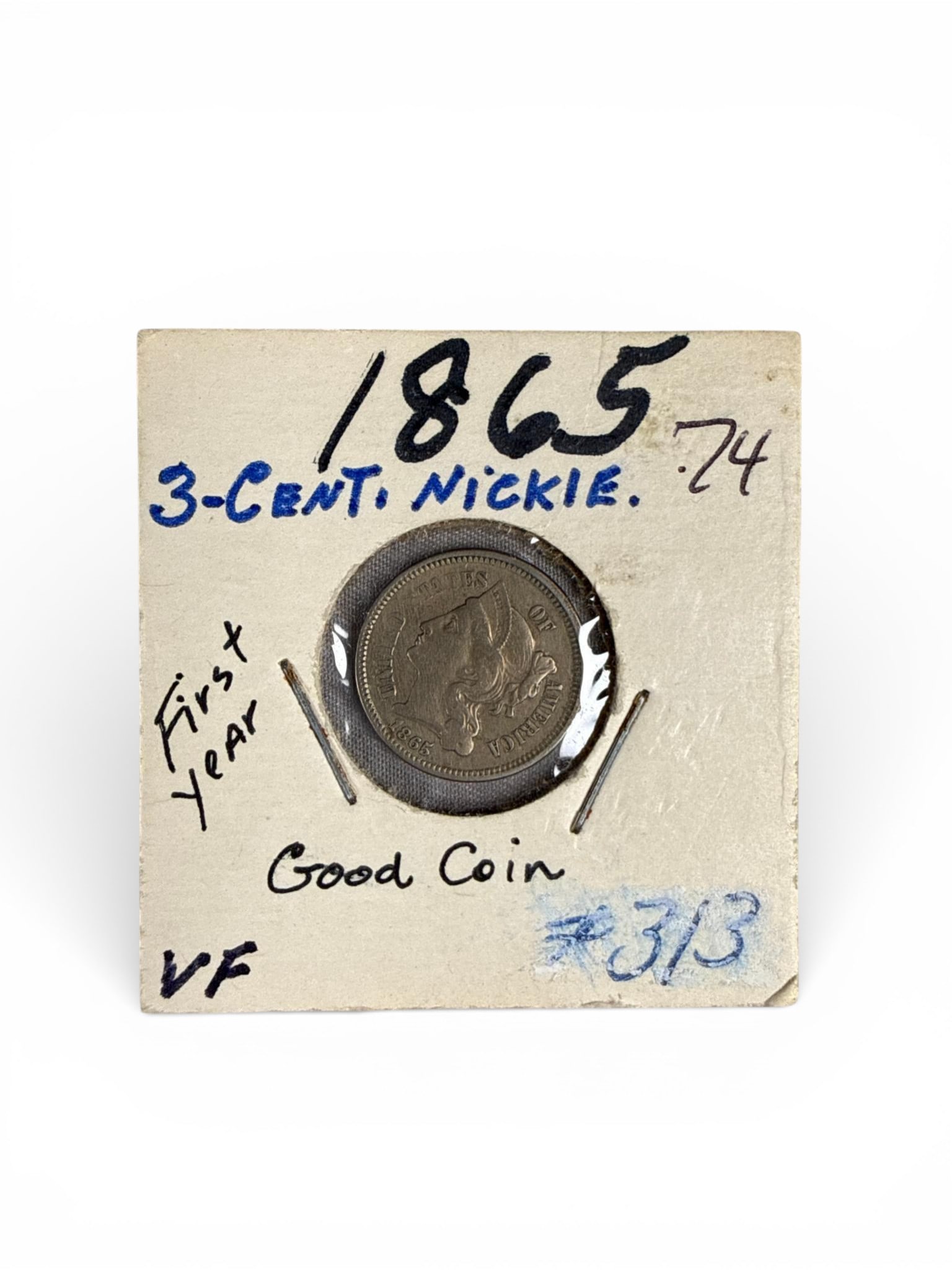 United States 1866 Three Cent Nickel Coin: A United States Three Cent Nickel coin, composed of a copper-nickel alloy. The coin is dated 1866 and features the Liberty Head design on the obverse, encircled by the inscription "UNITED STATES OF AM