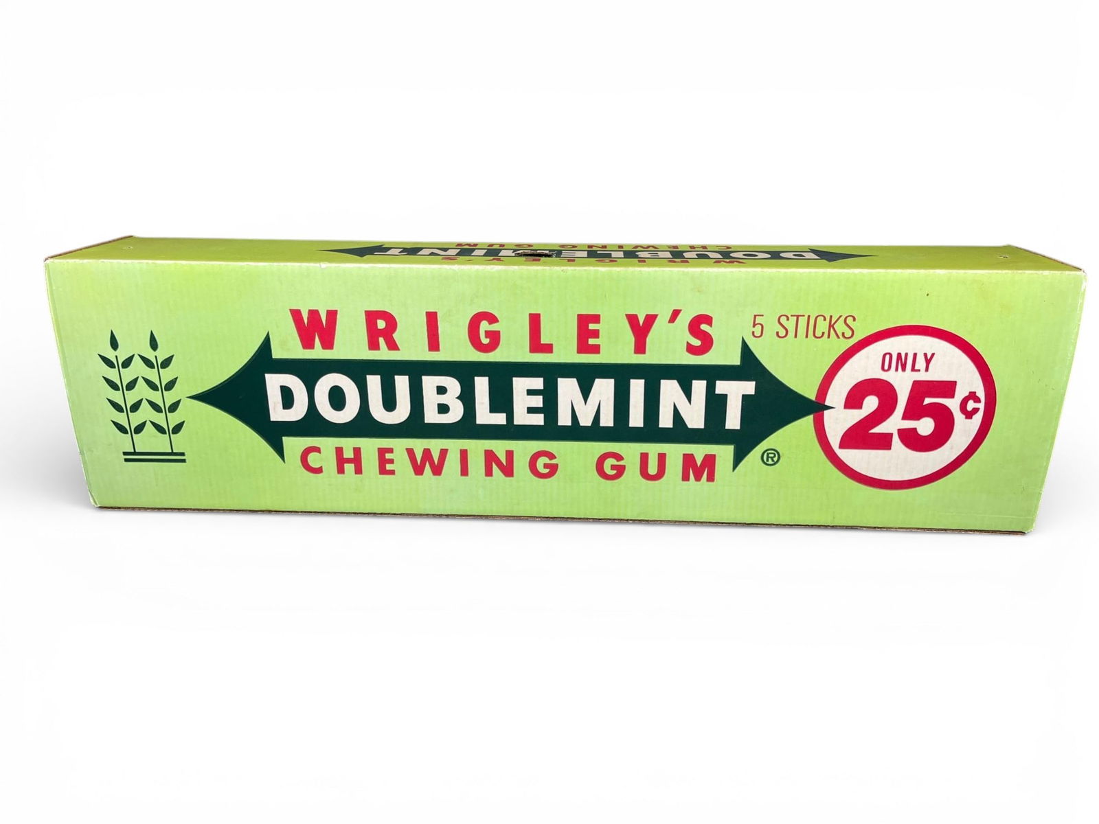 Vintage Wrigley's Doublemint Chewing Gum Retail Display Box: A vintage retail display box for Wrigley's Doublemint Chewing Gum. The box features a light green background with bold dark green and red lettering, displaying "WRIGLEY'S," "DOUBLEMINT," "CHEWING