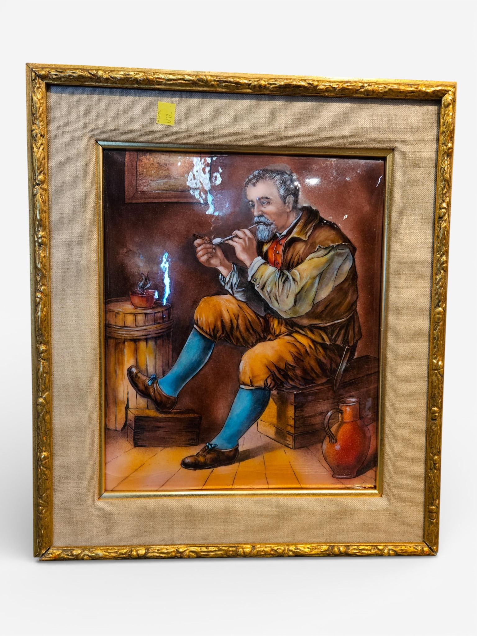 Framed Ceramic Plaque Signed Schlorinet Limoges Depicting a Pipe Smoker (1 of 9)