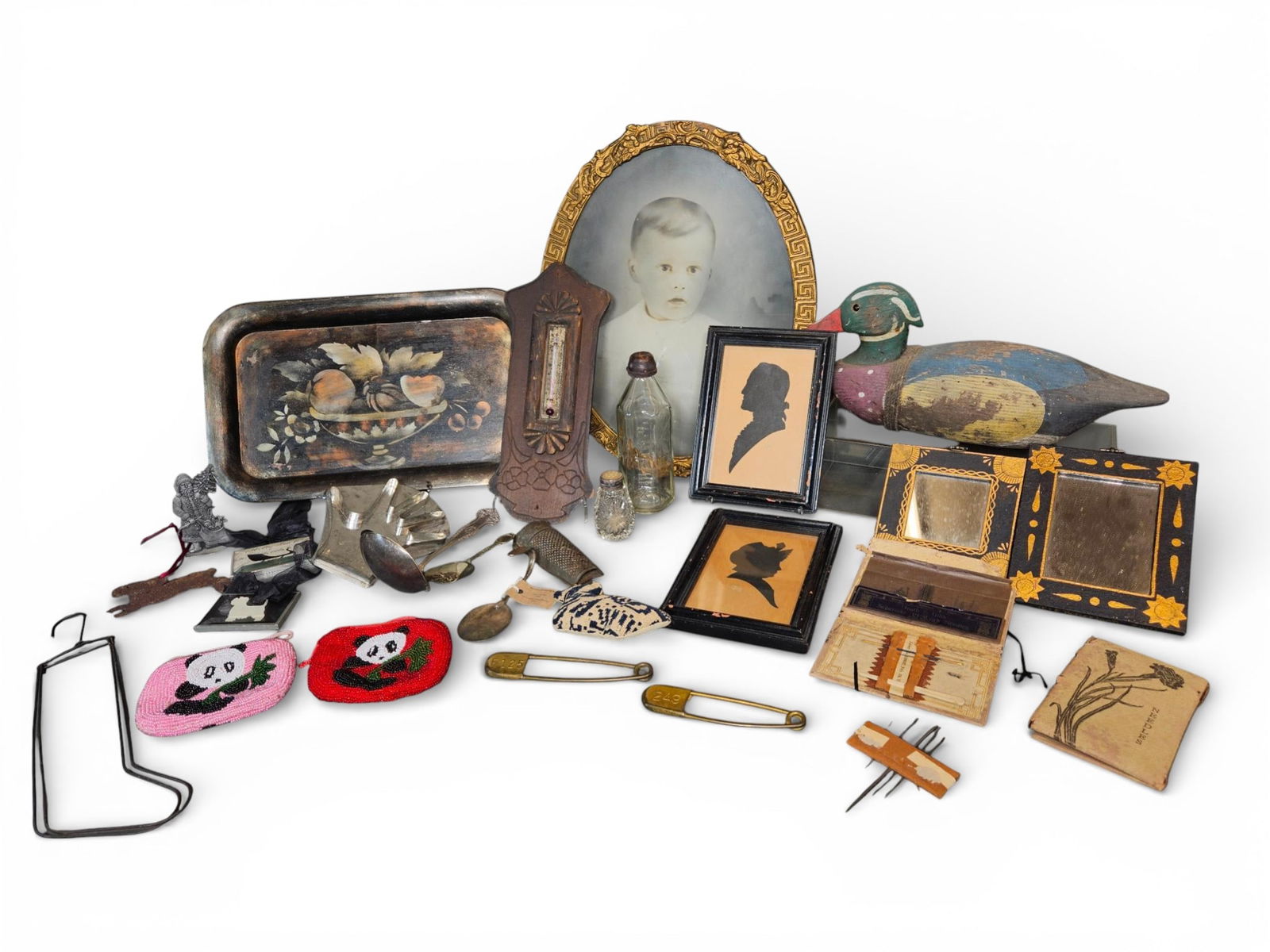 Vintage and Antique Decorative Objects and Ephemera: A group of assorted vintage and antique decorative and functional objects. The lot is heterogeneous, comprising domestic items, ephemera, and collectables. Key items include a rectangular black Tolewa