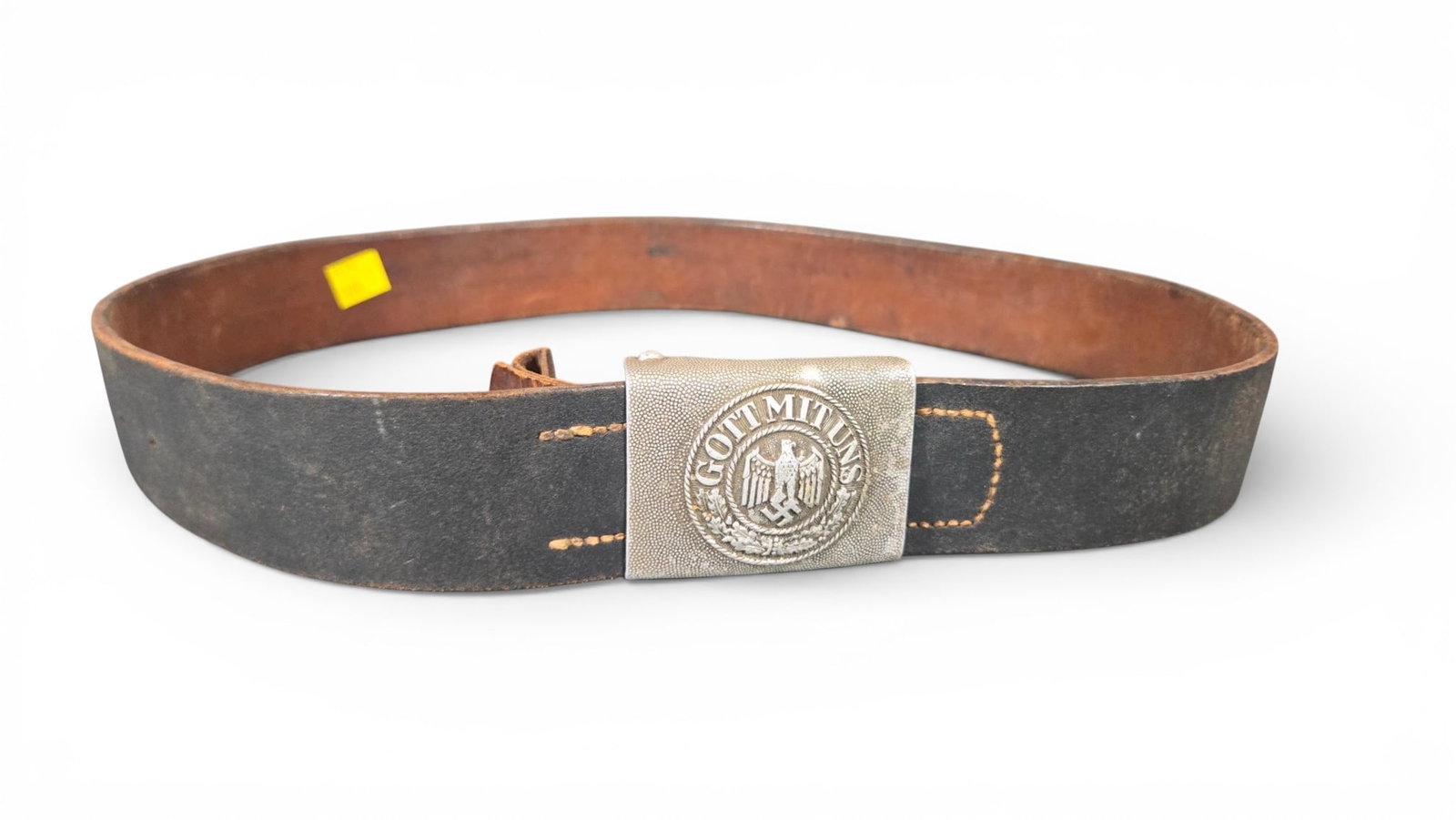 Original German WWII Wehrmacht Heer EM/NCO Leather Belt and Buckle: This is a single Original German WWII Wehrmacht Heer EM/NCO uniform belt and associated box buckle set. The belt is constructed of thick leather, dyed black on the exterior surface and showing a natur