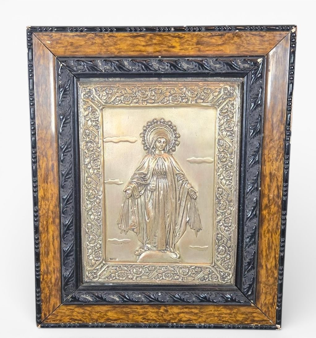 Framed Silver-Toned Metal Bas-Relief Icon of the Virgin Mary (1 of 9)