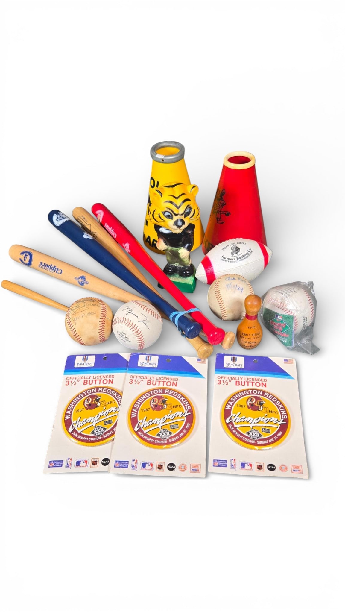 Assorted Vintage Sports Memorabilia, Including Signed Baseballs and Promotional Items: The collection consists of pieces of assorted sports memorabilia, primarily dating from the 1980s and 1990s. The lot includes miniature wooden baseball bats, of which are branded with professional or