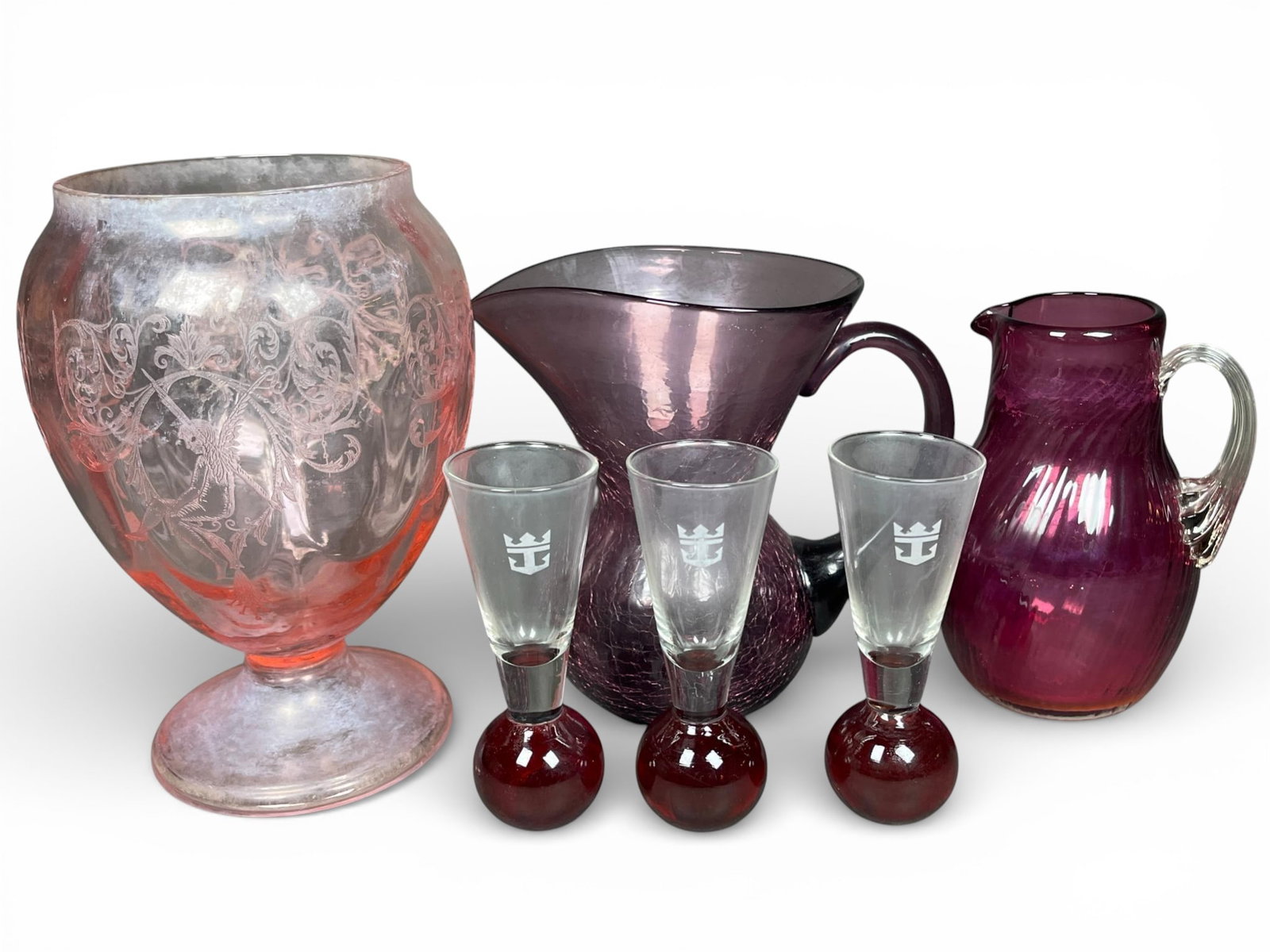 A group of Art Glass Items Including Pilgrim Cranberry Swirl Pitcher (1 of 20)