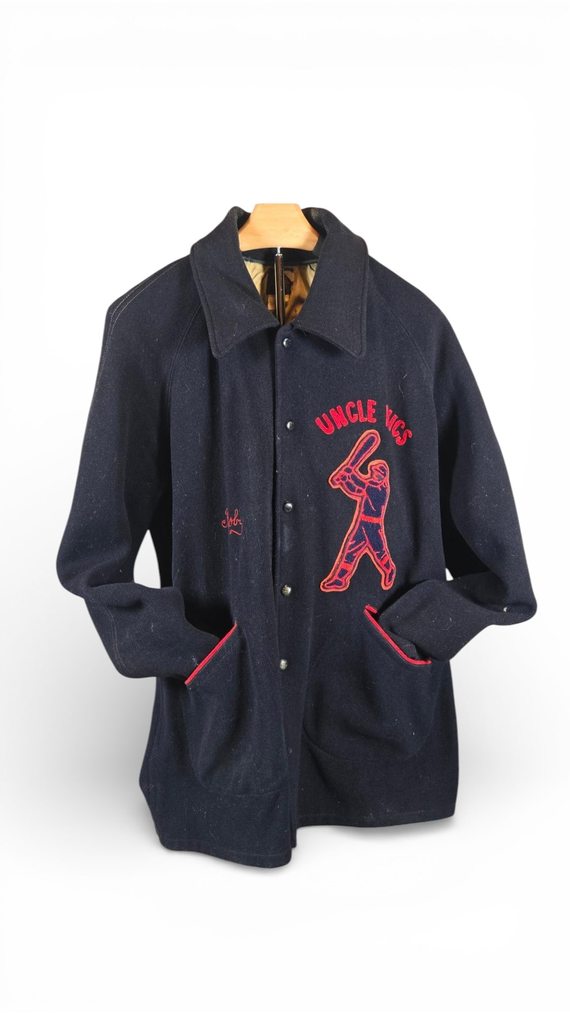 Vintage Mid-Century Navy Wool Stadium Jacket Uncle Vics Baseball Patch (1 of 10)