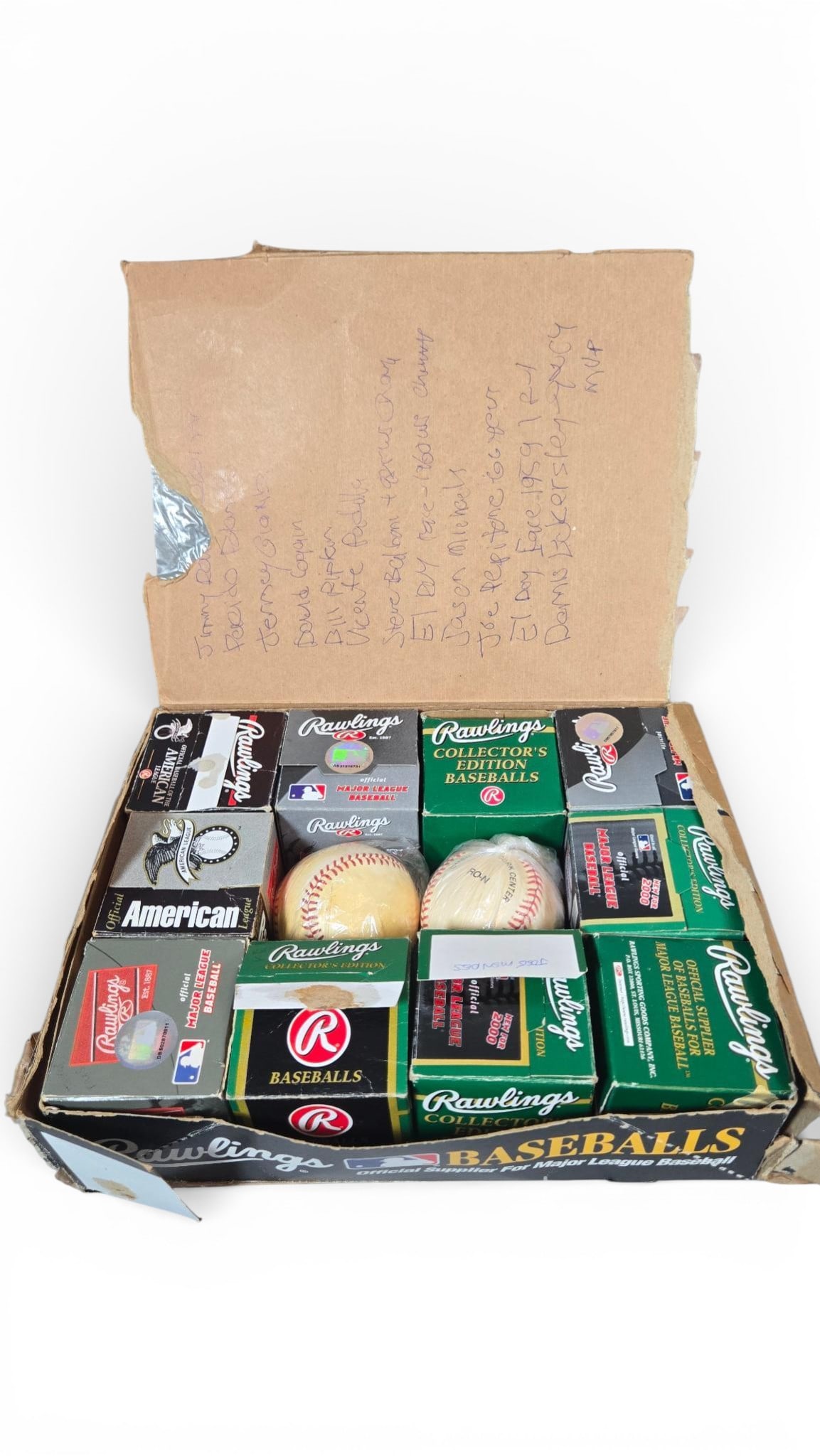 A group of Autographed Rawlings Official League Baseballs, Mostly Boxed: A group of Rawlings Official League Baseballs, primarily housed within manufacturer boxes. The baseballs are official style, marked by Rawlings, and are contained in various green, black, red, and sil