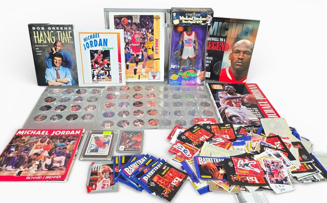 A group of Michael Jordan Memorabilia Items and Ephemera, including Fleer Cards and Space Jam Figure (1 of 15)