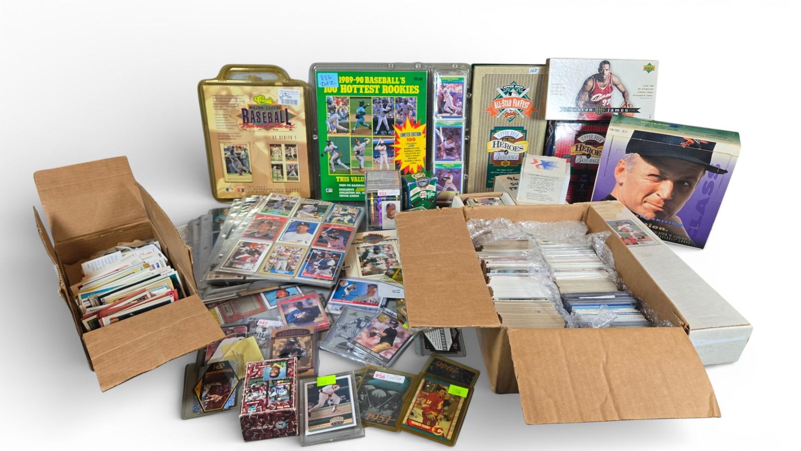 Collection of 1980s-1990s Baseball Trading Cards and Memorabilia including Score Hottest Rookies: Collection of trading cards and related memorabilia, primarily focused on Major League Baseball (MLB), dating predominantly from the late 1980s through the 1990s modern card era. The lot consists of e