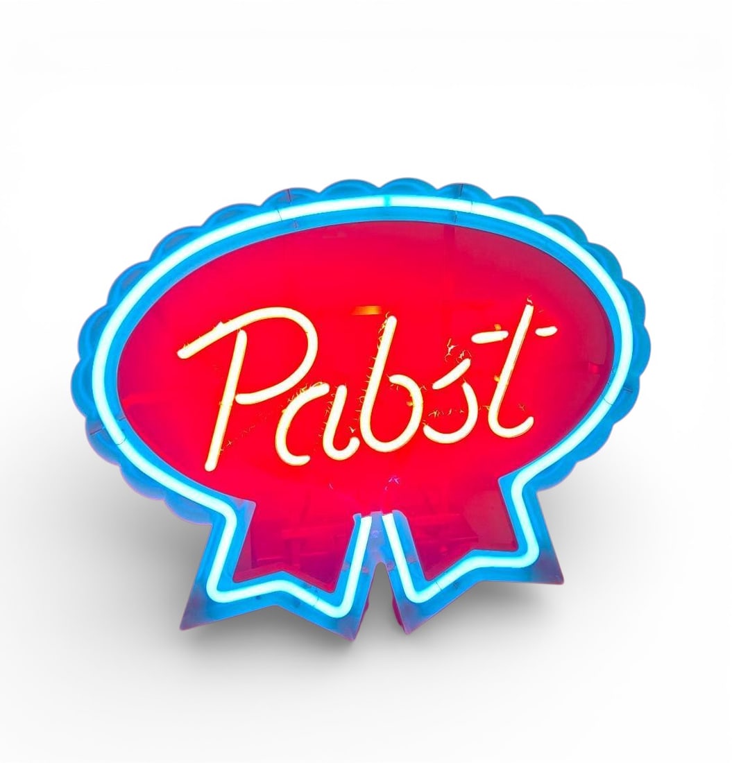 Vintage Pabst Blue Ribbon Promotional Neon Sign by Everbrite Electric Signs: This is a vintage promotional neon sign for Pabst Brewing Company, commonly marketed as a Pabst Blue Ribbon sign due to its distinctive prize ribbon shape. The sign features the script "Pabst"