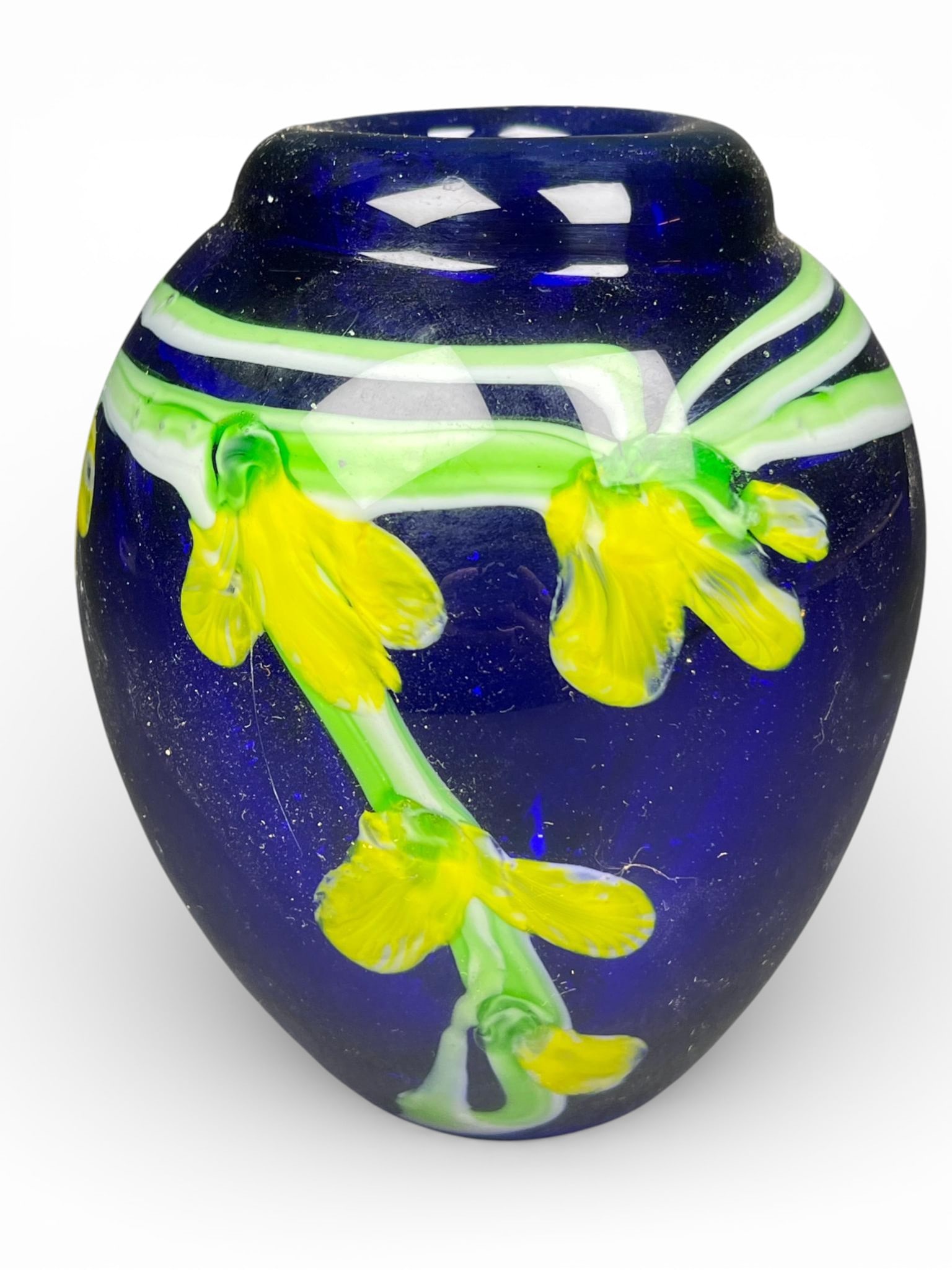 Hand Blown Cobalt Blue Art Glass Vase with Yellow Floral Decoration (1 of 10)