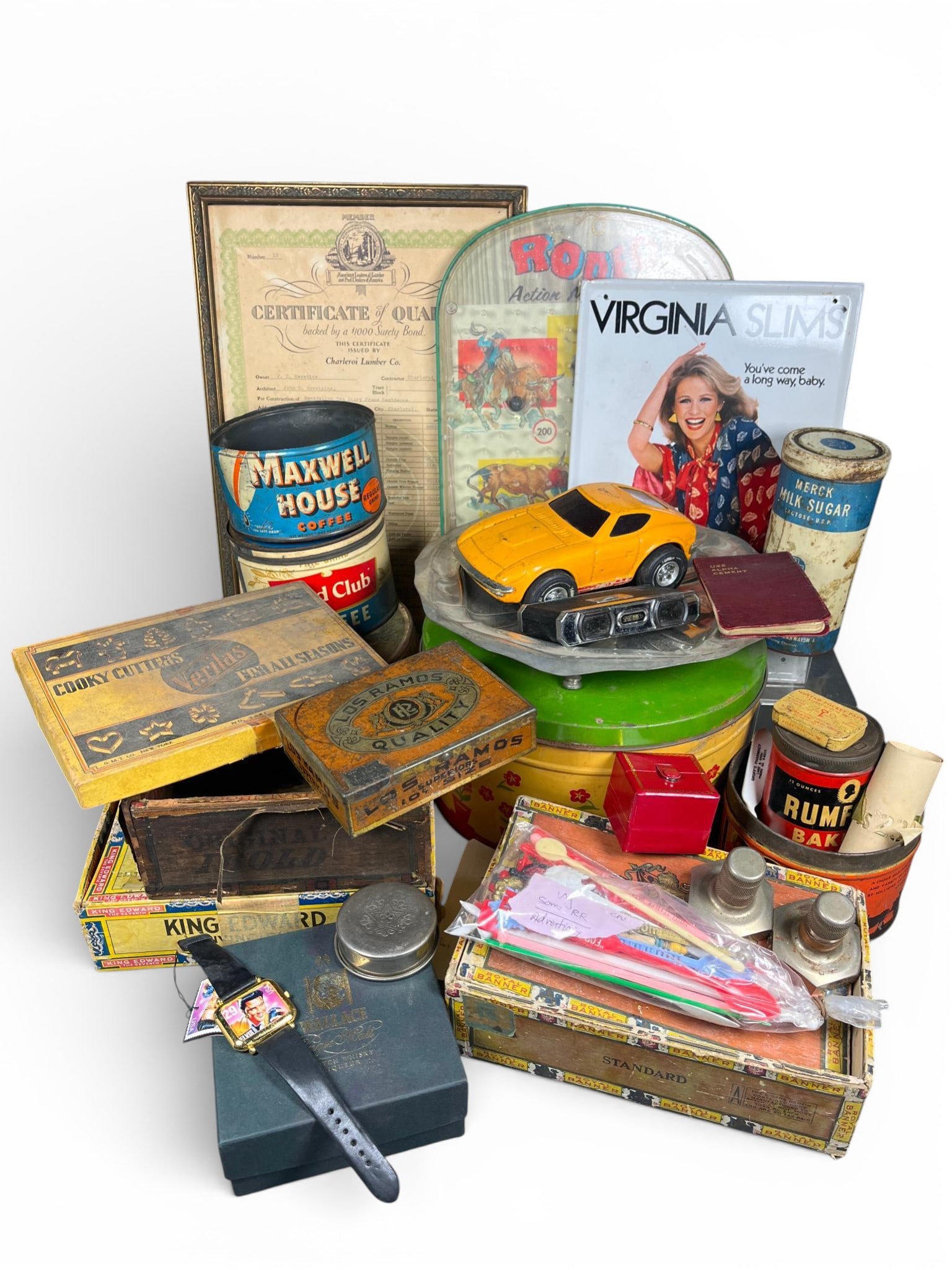 Vintage Advertising Tins, Ephemera, and Novelty Collectibles: A group of items/lots consisting of vintage advertising tins, novelty items, ephemera, and household goods. The lot includes lithographed metal advertising tins, including containers for Maxwell House