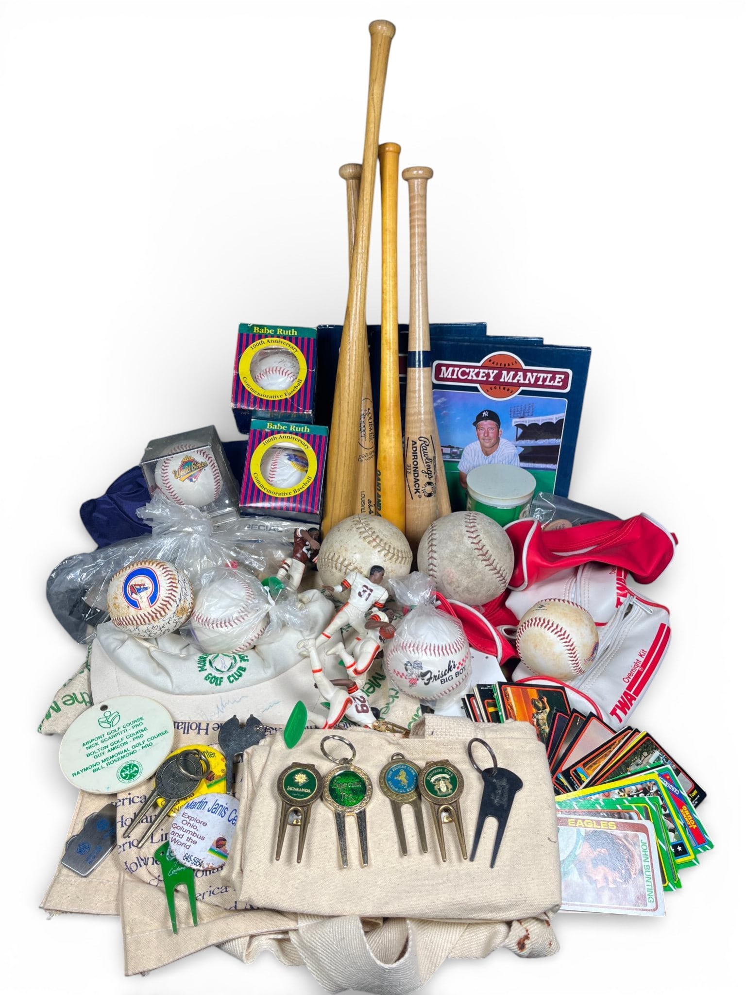 Sports Memorabilia and Travel Ephemera: diverse collection of sports memorabilia and travel ephemera, primarily focused on baseball and golf. The baseball section includes wooden bats, featuring brands such as Rawlings Adirondack and