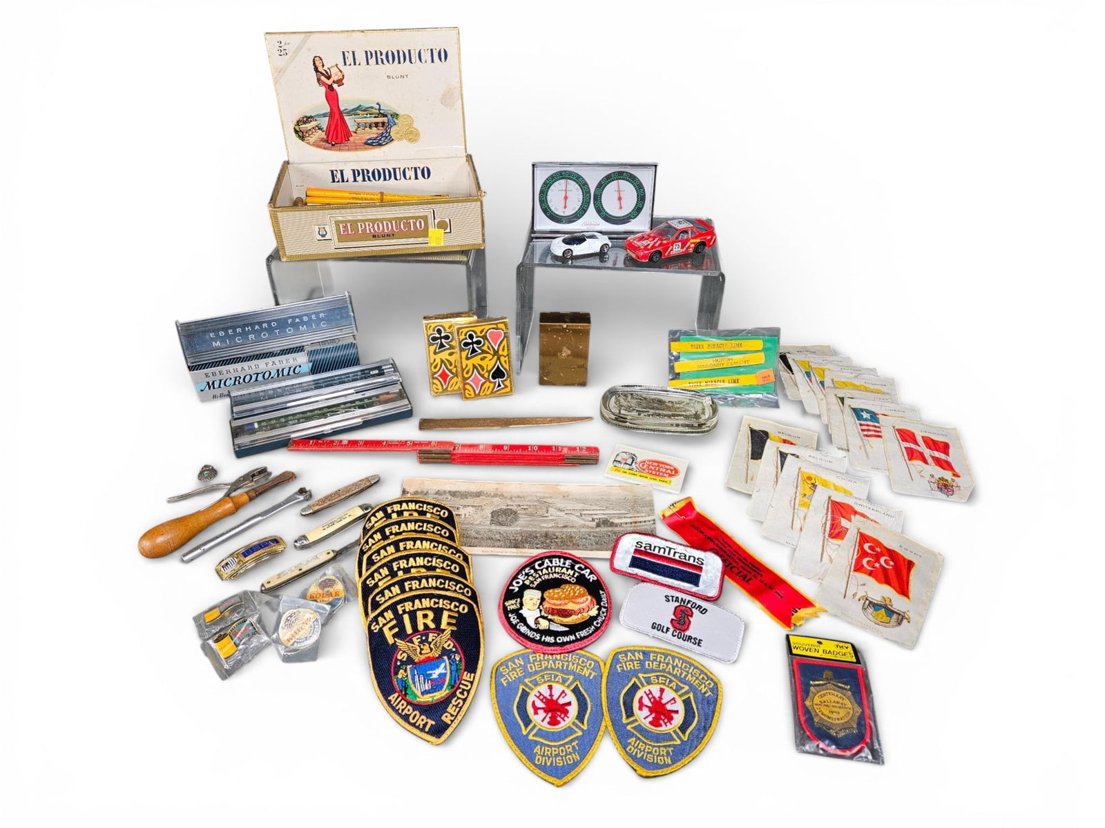 Vintage Collectibles, Drafting Tools, Memorabilia, and Ephemera (G-Man Style Lot): A group of vintage ephemera, tools, and collectibles, dating primarily from the mid-to-late 20th century, often classified in the market as a 'G-Man' or 'Junk Drawer' lot due to the diverse nature of