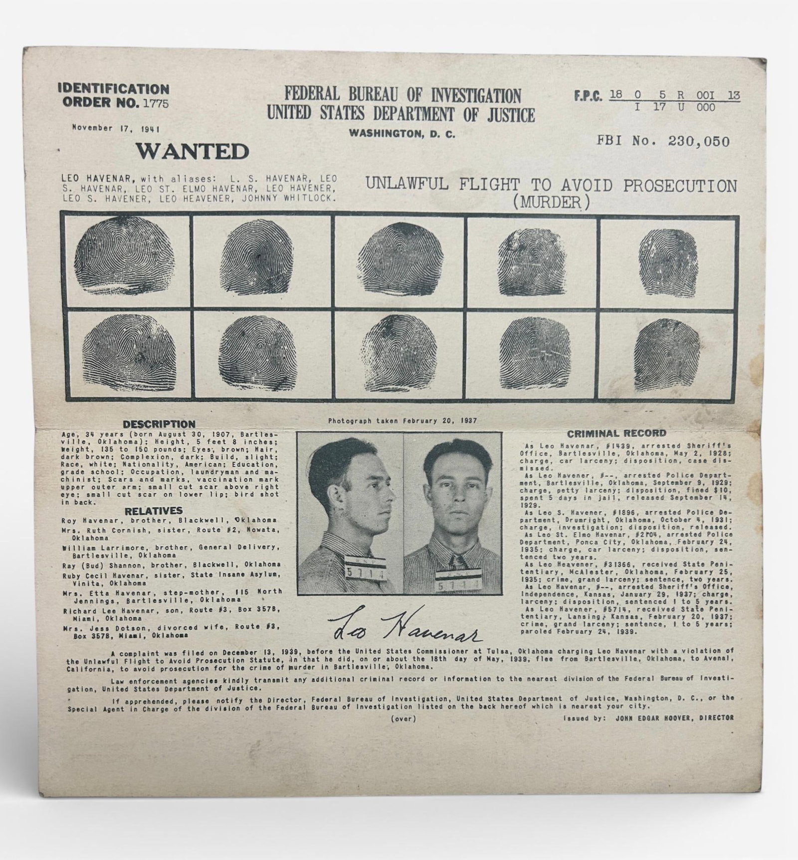 WWII 1941 FBI Wanted for Murder Poster posted at Central National Bank Cleveland Ohio (1 of 6)