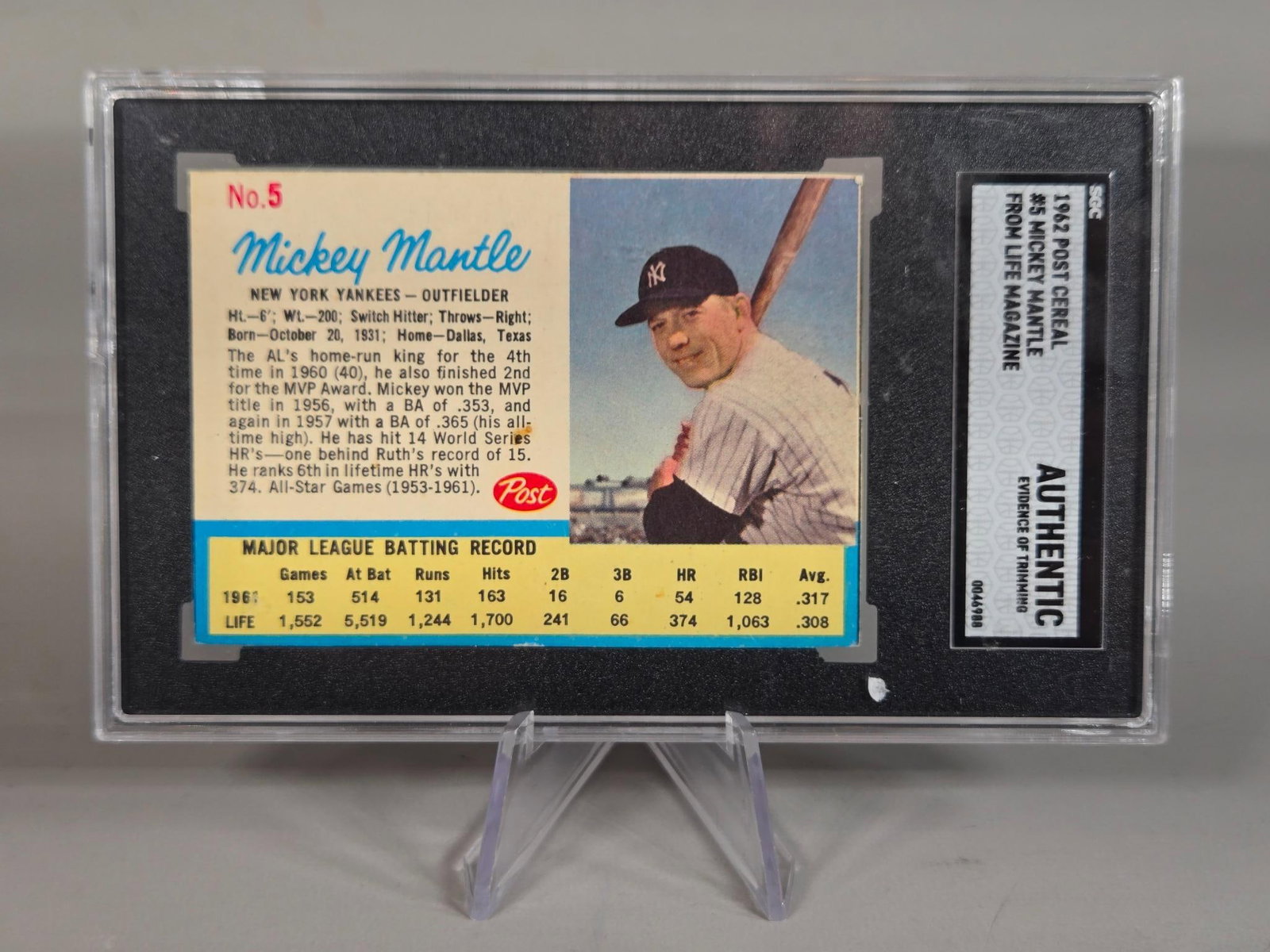 Mickey Mantle 1962 Post Cereal "Life Magazine" SGC authentic: card 5. Burns in-house shipping is available. Pick up is Saturday, Feb. 28 from 10 am to 4 pm at our gallery in Lancaster, Ohio 43130 or we will provide in-house shipping for this item. We will charge