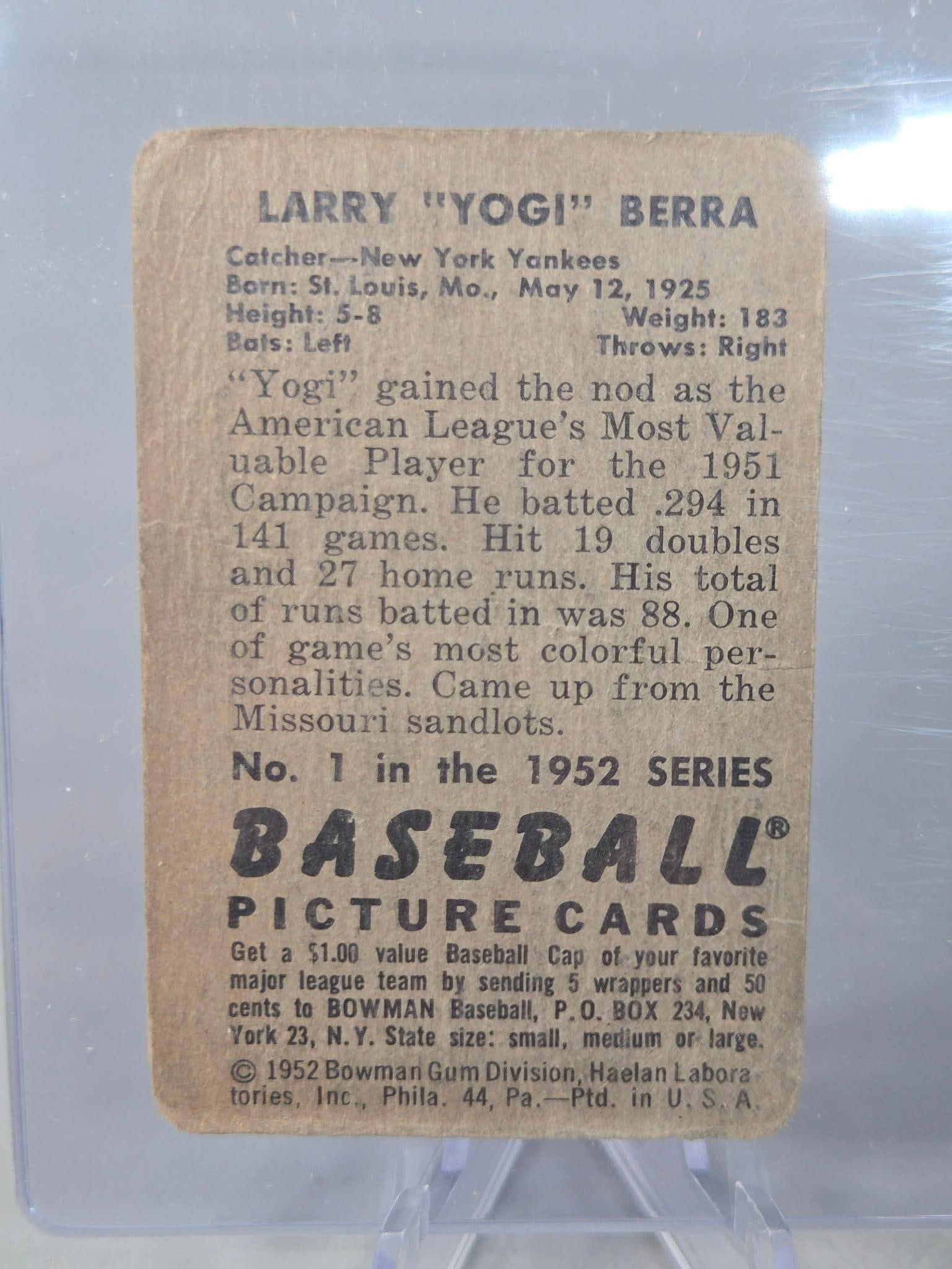 1952 Bowman Yogi Berra #1 Baseball Card - 3