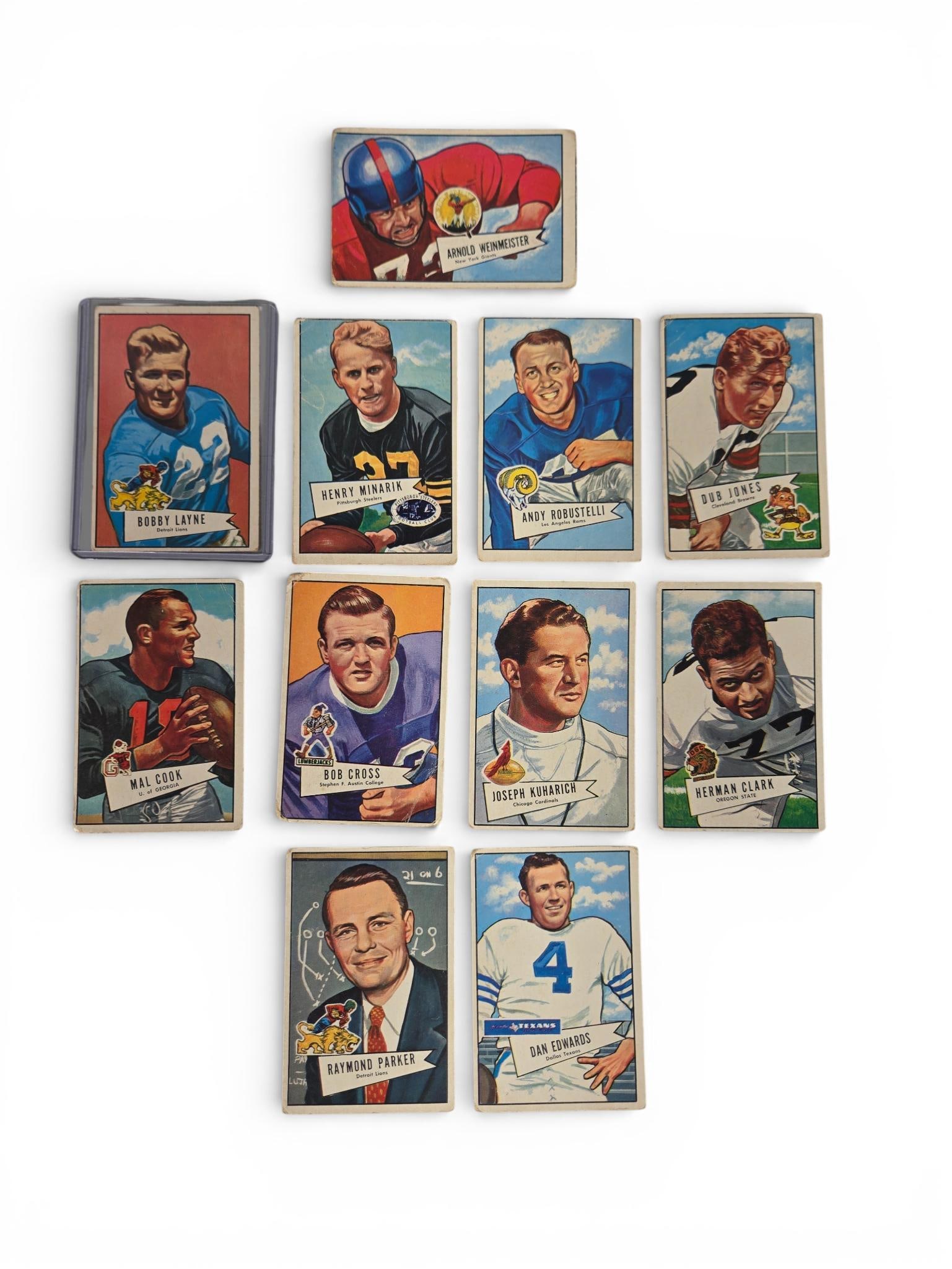 11- 1952 Bowman Large with Bobby Layne: Poor. Burns in-house shipping is available. Pick up is Saturday, Feb. 28 from 10 am to 4 pm at our gallery in Lancaster, Ohio 43130 or we will provide in-house shipping for this item. We will charge