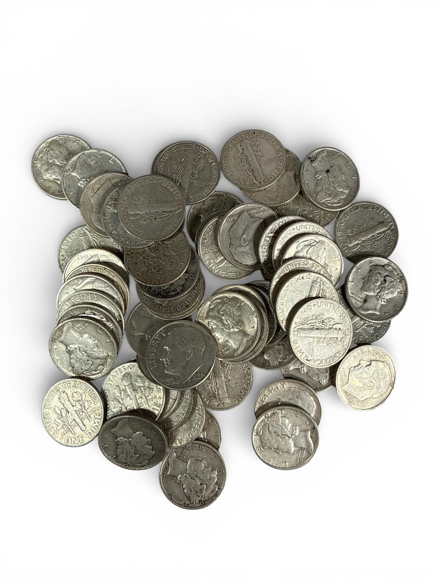 A Collection of 62 United States 90% Silver Dimes: This collection consists of 62 United States silver dimes, featuring both the Mercury (Winged Liberty Head) and Roosevelt designs. The Mercury dimes, minted between 1916 and 1945, show the winged bust