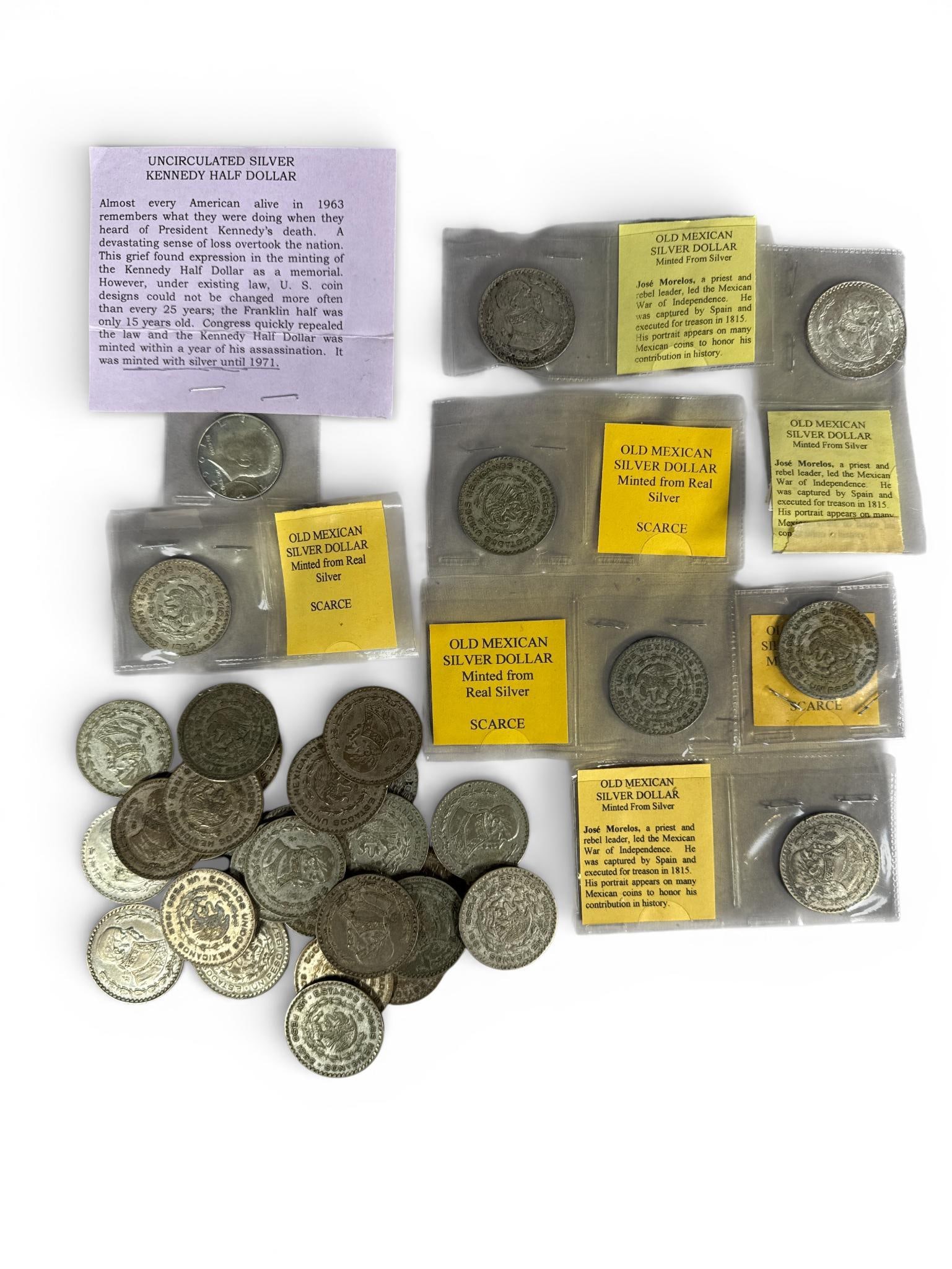 A Collection of Mexican Silver Un Peso Morelos Coins and a Kennedy Half Dollar (1 of 10)