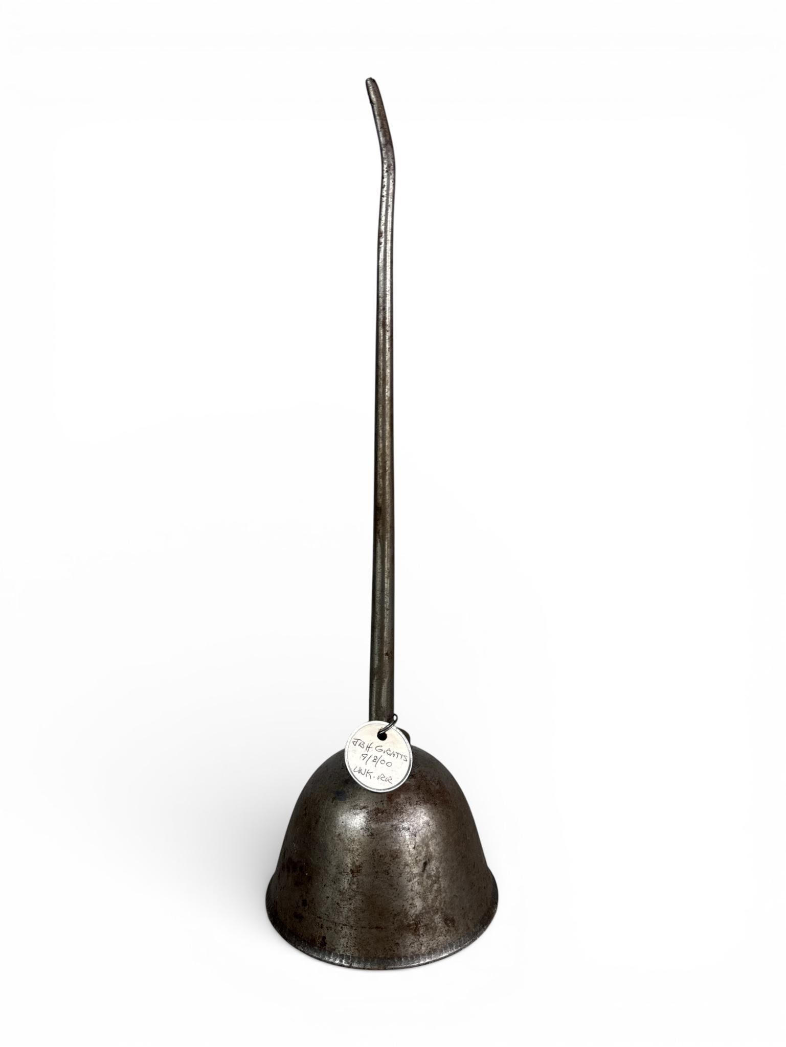 A Gem Mfg. Co. Industrial Steel Oiler: This antique industrial oiler was manufactured by the Gem Manufacturing Company of Pittsburgh. The piece features a dome-shaped body constructed of steel or iron, fitted with a brass collar at the bas