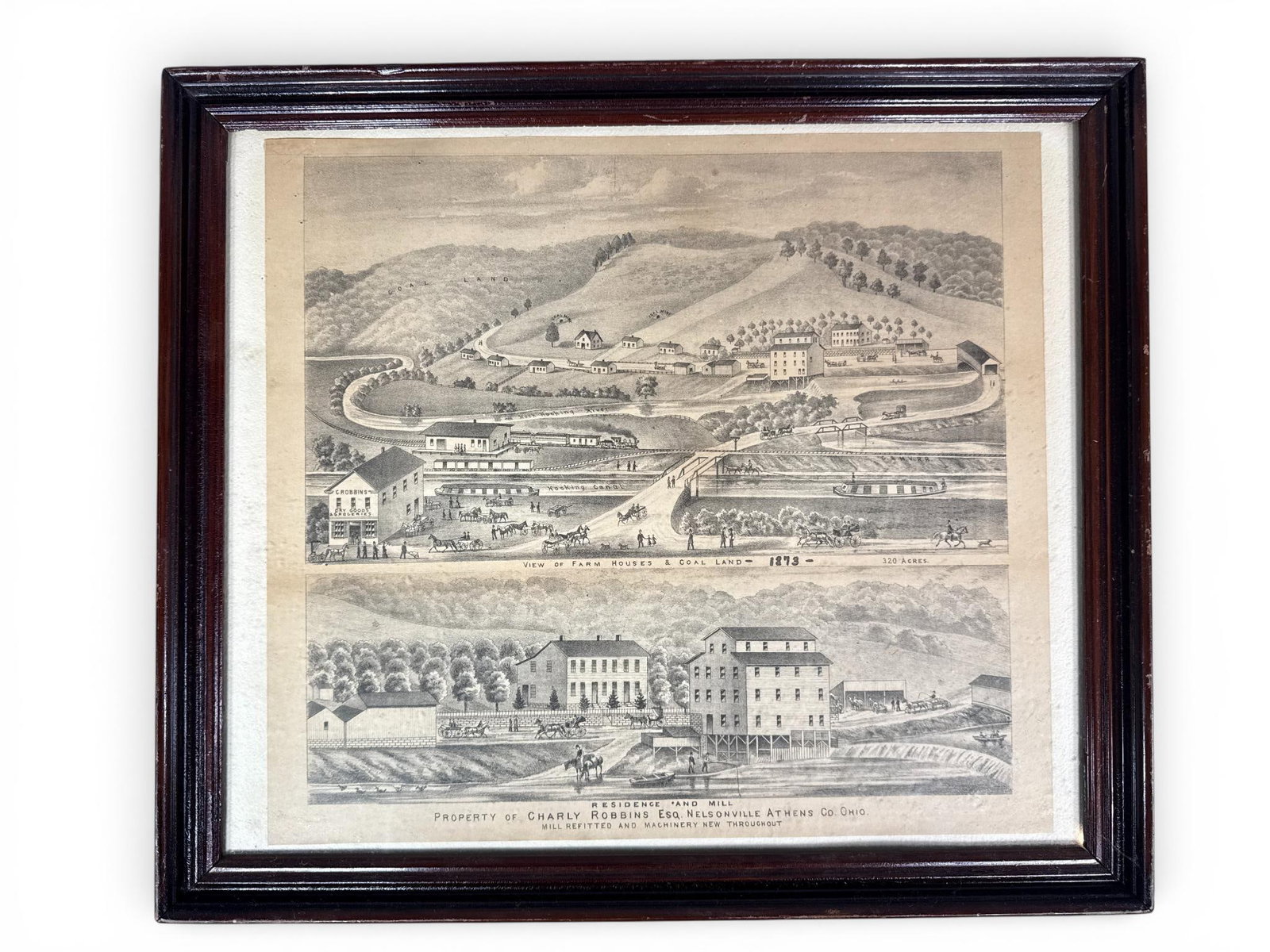 A Framed 1873 Topographical Print of Nelsonville Ohio Property: This framed black-and-white print features two distinct panoramic views of property in Nelsonville, Athens County, Ohio, dated 1873. The upper scene is titled VIEW OF FARM HOUSES & COAL LAND and speci