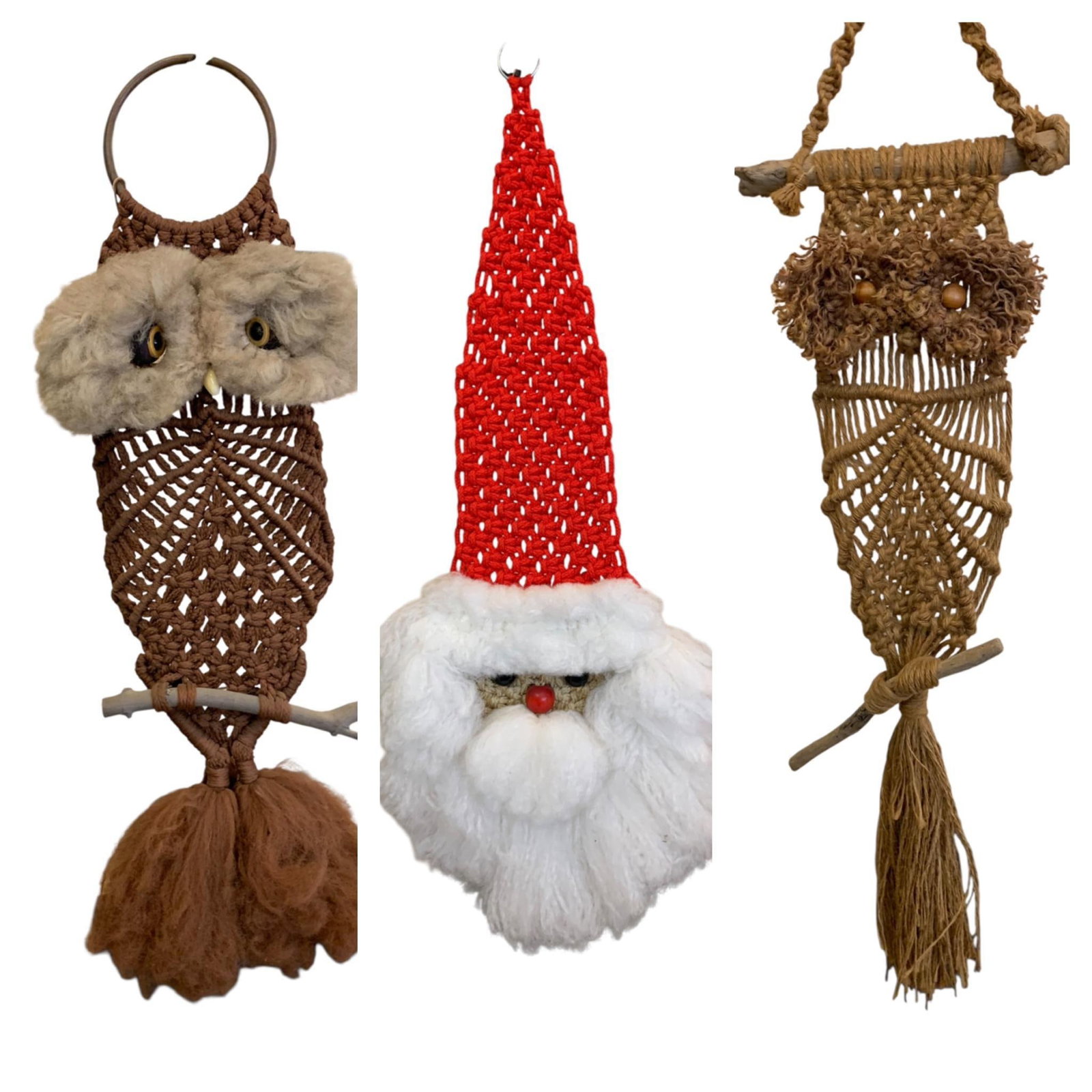 A Trio of Vintage Macrame Wall Hangings Including Santa Claus and Owls: A trio of vintage macrame wall hangings, including one Santa Claus face and two owl figures. These items are handmade using knotted cord in red, brown, and tan tones, accented with wool yarn, faux fur