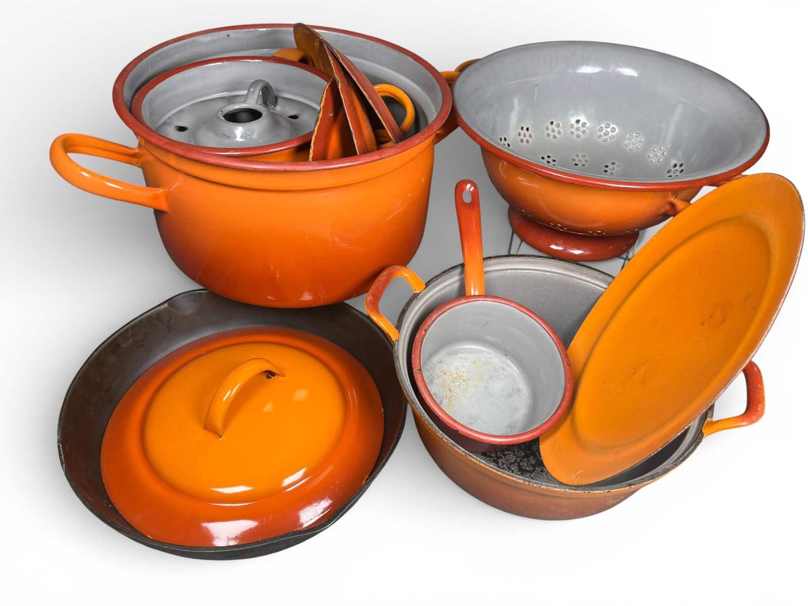 A Collection of Mid-Century Modern Orange Flame Enameled Cookware and a Cast Iron Skillet (1 of 20)