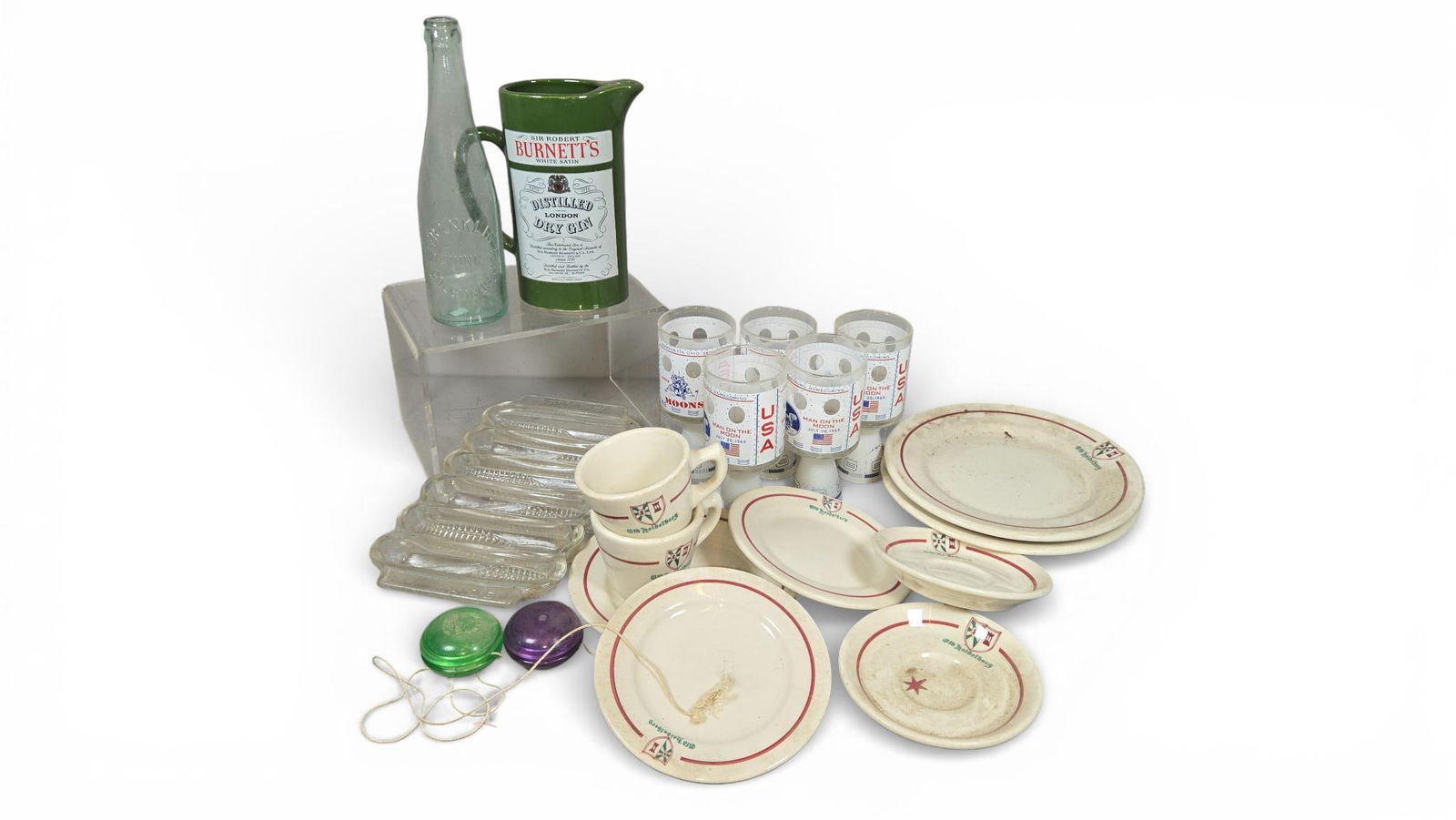 Walker China, Sir Robert Burnett, and Neil Armstrong Commemorative Advertising Collection, circa: This diverse collection of mid-century advertising and commemorative items features a significant set of Old Heidelberg restaurant ware manufactured by Walker China of Bedford, Ohio. The vitrified ivo