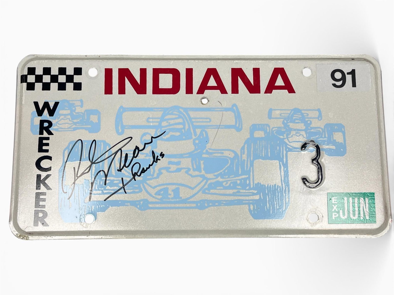 State of Indiana, Wrecker License Plate, Embossed Metal, 1991: This is an original State of Indiana commercial "Wrecker" license plate issued in 1991. The plate is constructed of embossed metal with a reflective white finish and features the commemorative 75th An