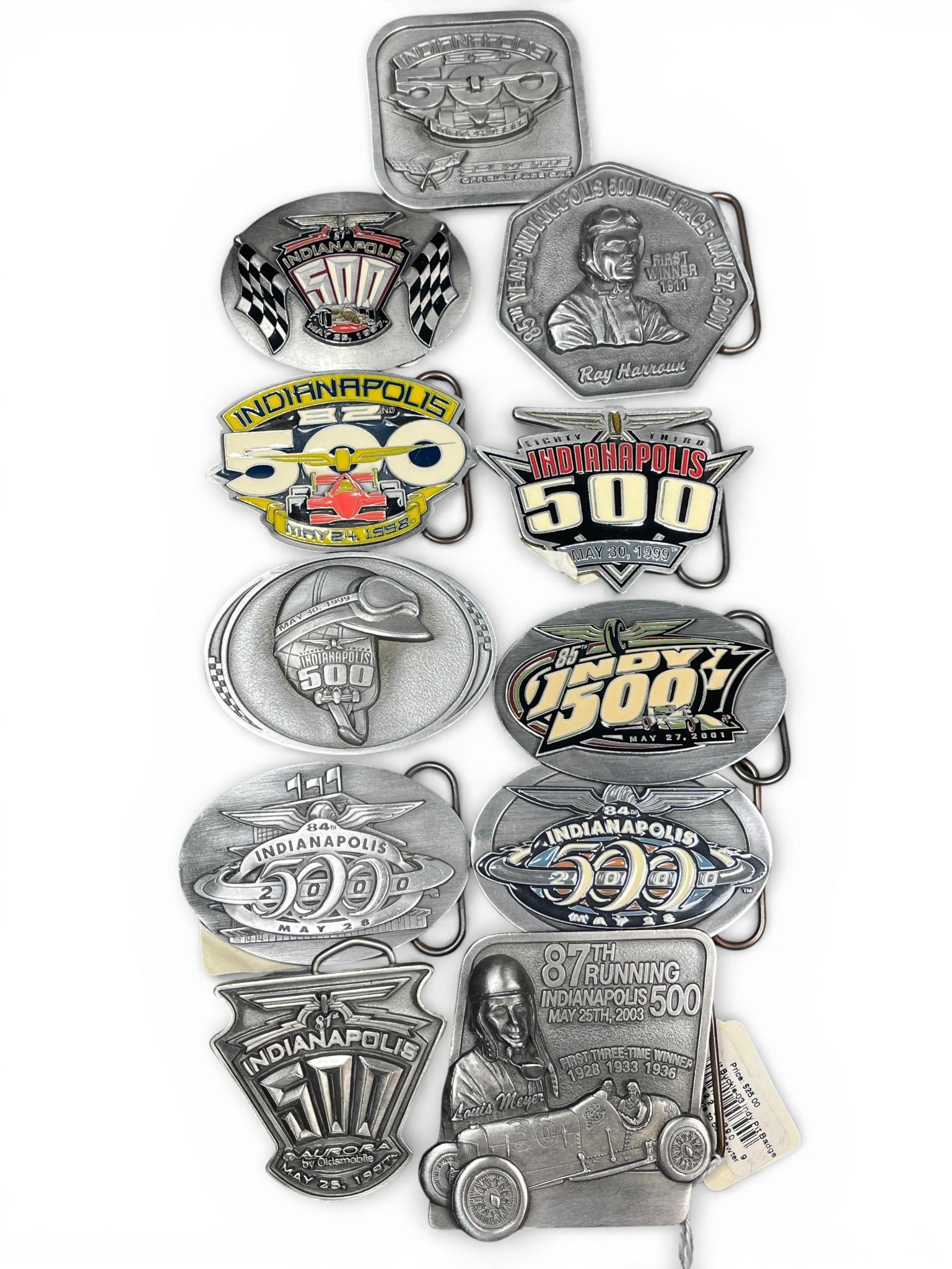 Siskiyou Buckle Co. Indianapolis 500 Limited Edition Pewter Belt Buckle Collection, 1997-2003: A comprehensive collection of eleven officially licensed Indianapolis Motor Speedway commemorative belt buckles manufactured by the Siskiyou Buckle Co., Inc. of Ashland, Oregon. These pieces are craft