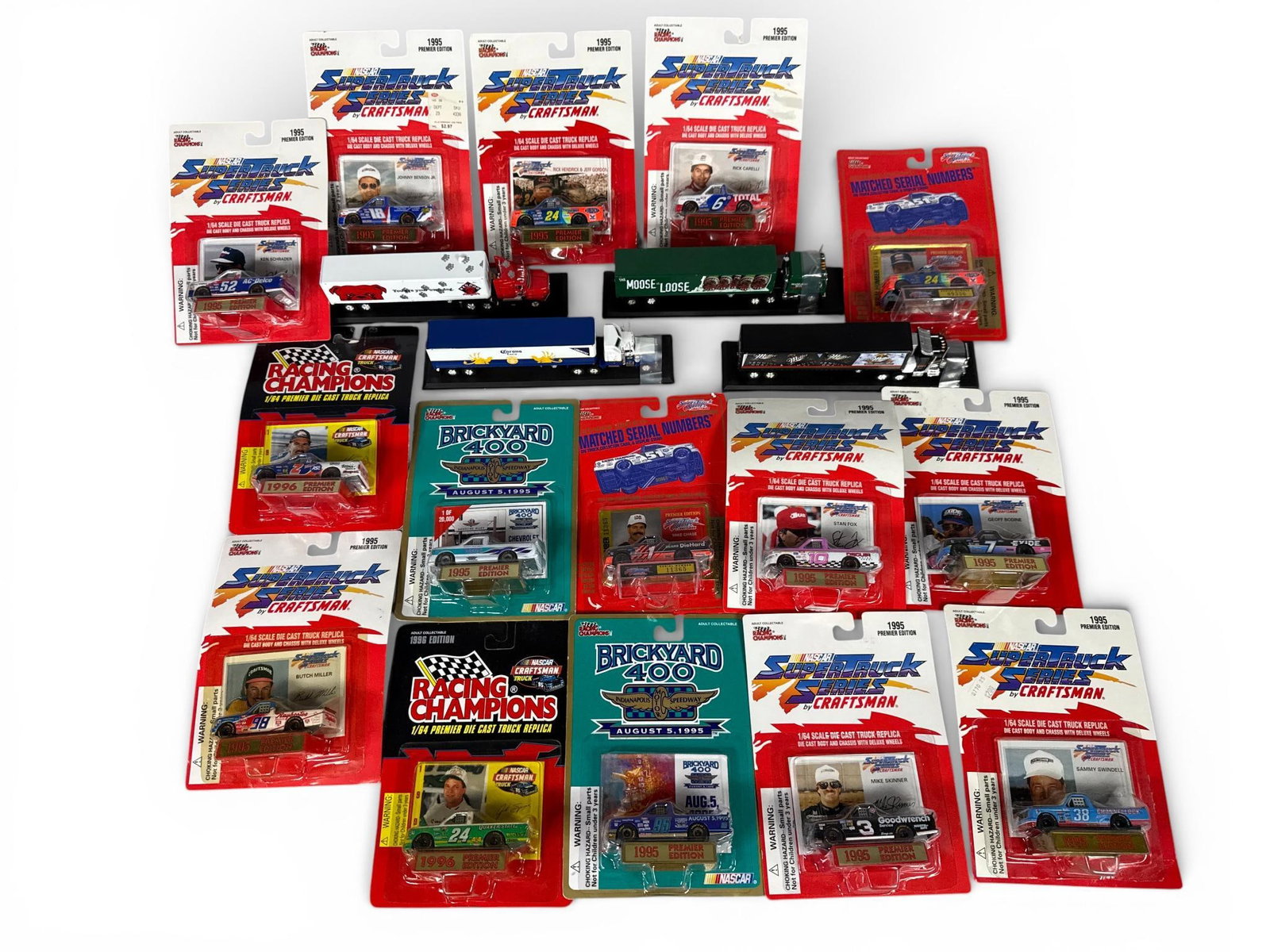 Racing Champions Inc., NASCAR SuperTruck Series and Commercial Tractor-Trailer Lot, Die-Cast Metal,: This collection from Racing Champions Inc. features a diverse assortment of 1/64 scale die-cast model trucks produced during the mid-1990s. The lot is comprised of fifteen NASCAR SuperTruck Series rep